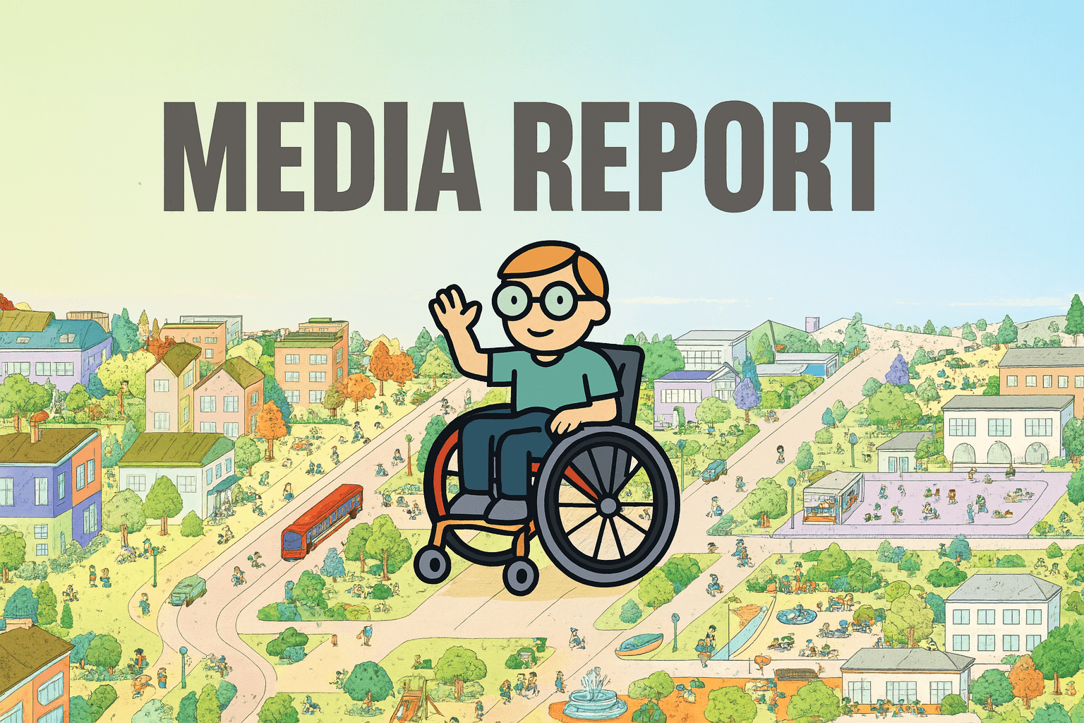 Illustration of a person in a wheelchair holding a camera, with the text "MEDIA REPORT" above a colorful landscape.