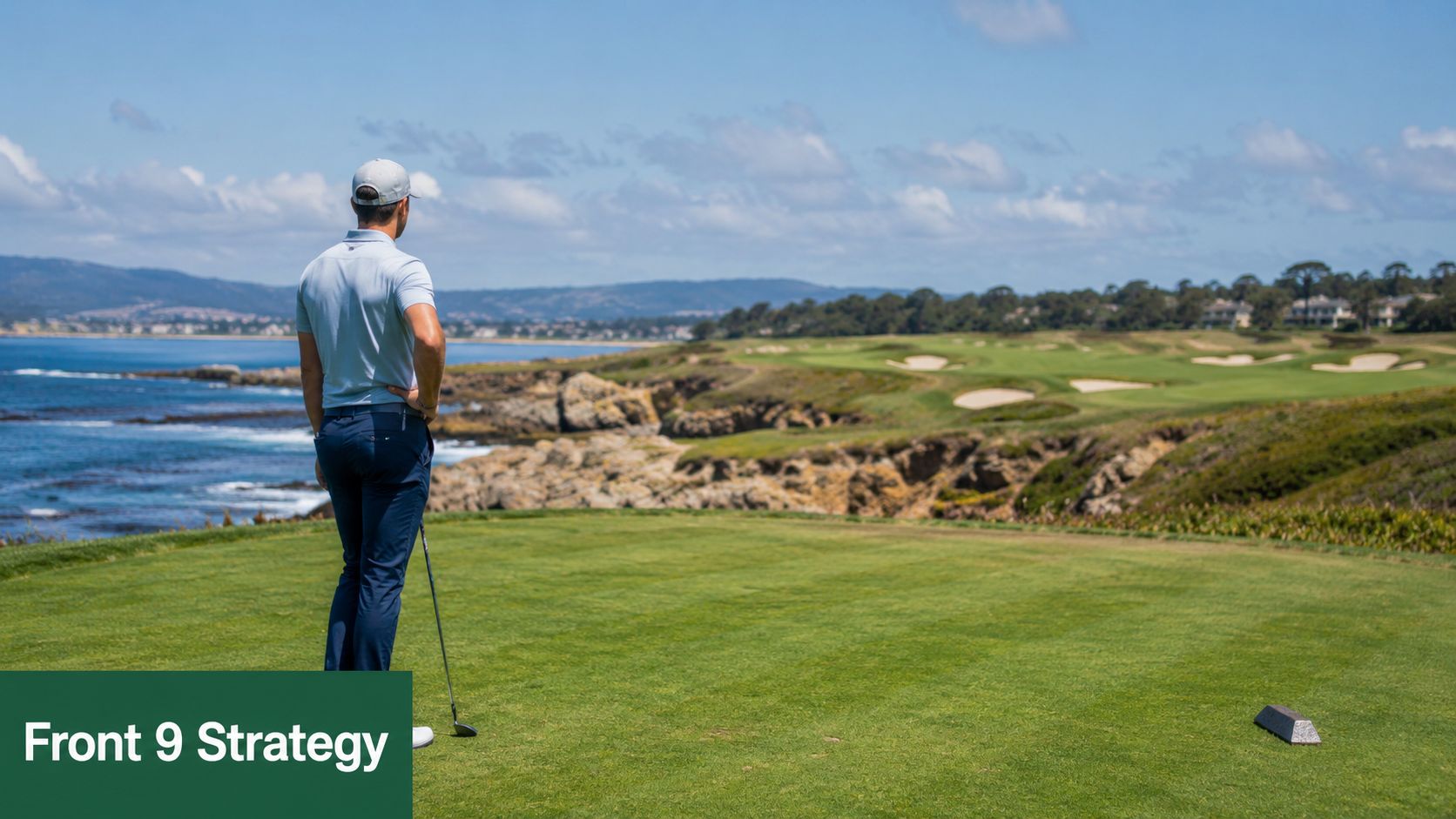 A golfer wearing a light blue polo stands on the tee box overlooking the scenic Spanish Bay golf course.