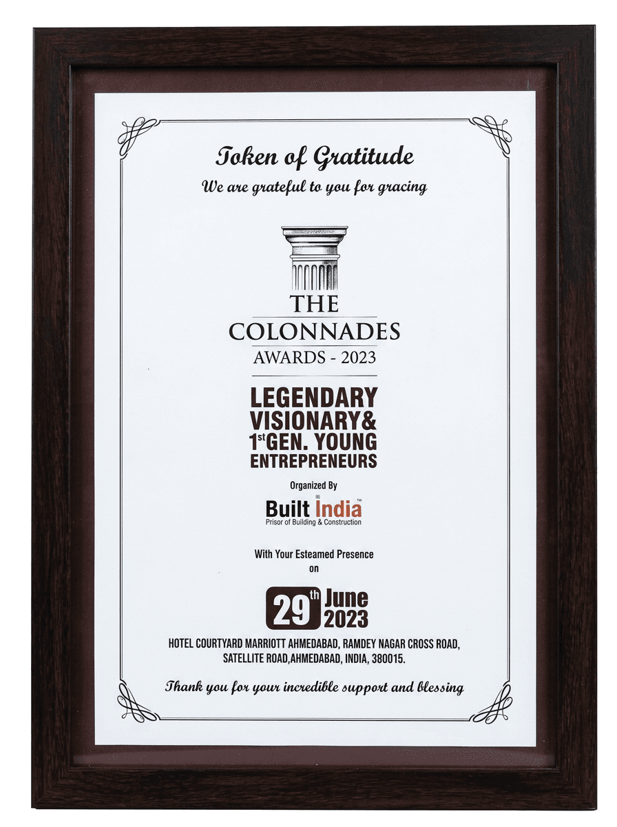 The Colonnades Awards 2023 certificate for Legendary Visionary and 1st Gen. Young Entrepreneurs, organised by Built India
