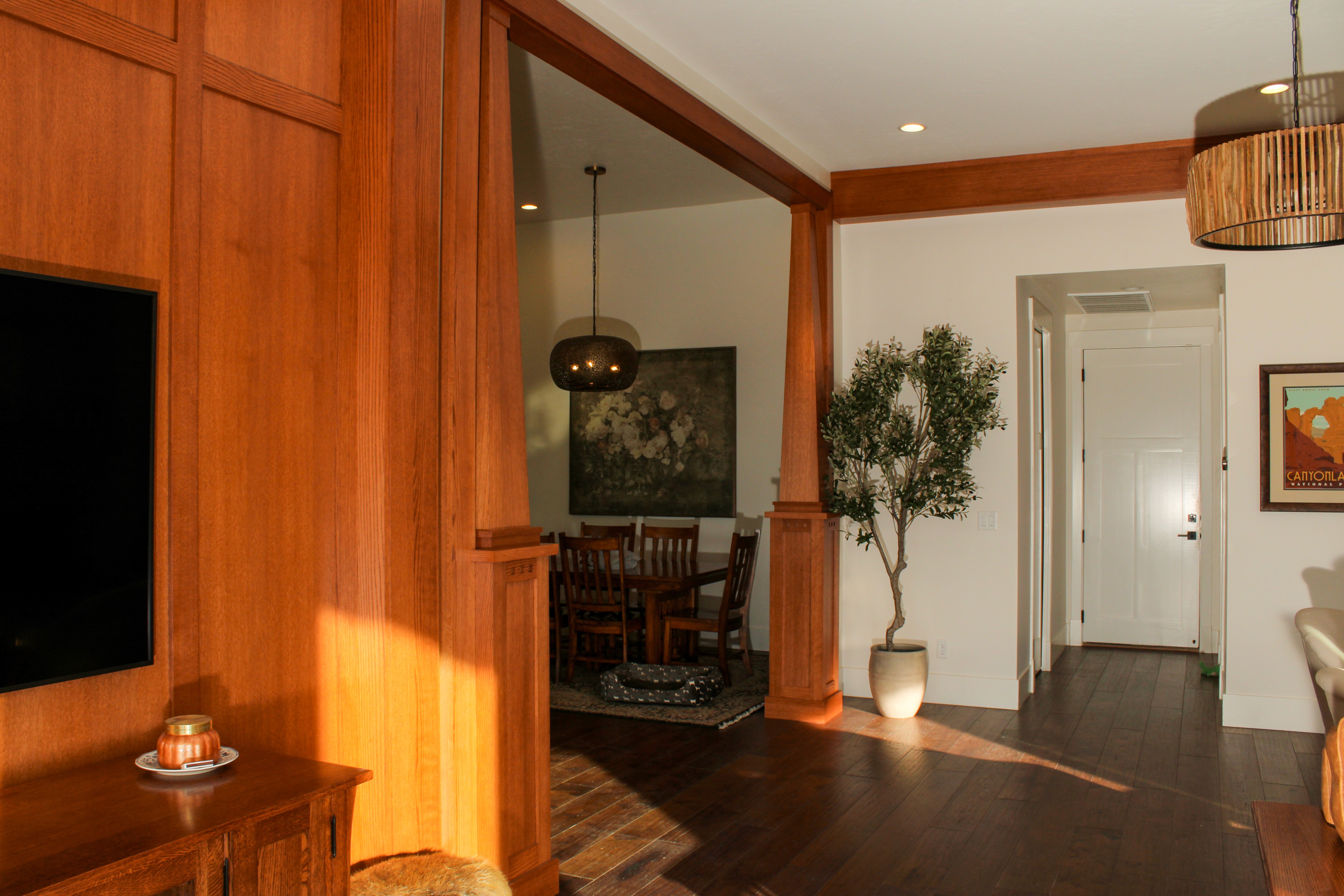 Detailed wood beam and wall accents in Southern Utah living room remodel by Madsen Homes
