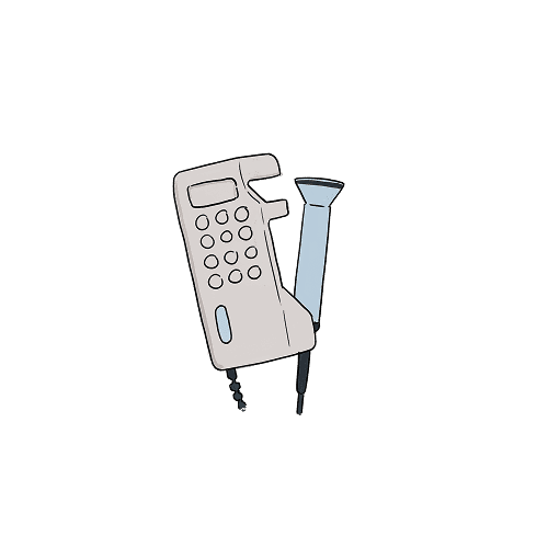 An illustration of the intermittent monitoring hand held device - on the left is the monitoring screen and buttons, on the right is the stethoscope attached through a wire that loops below