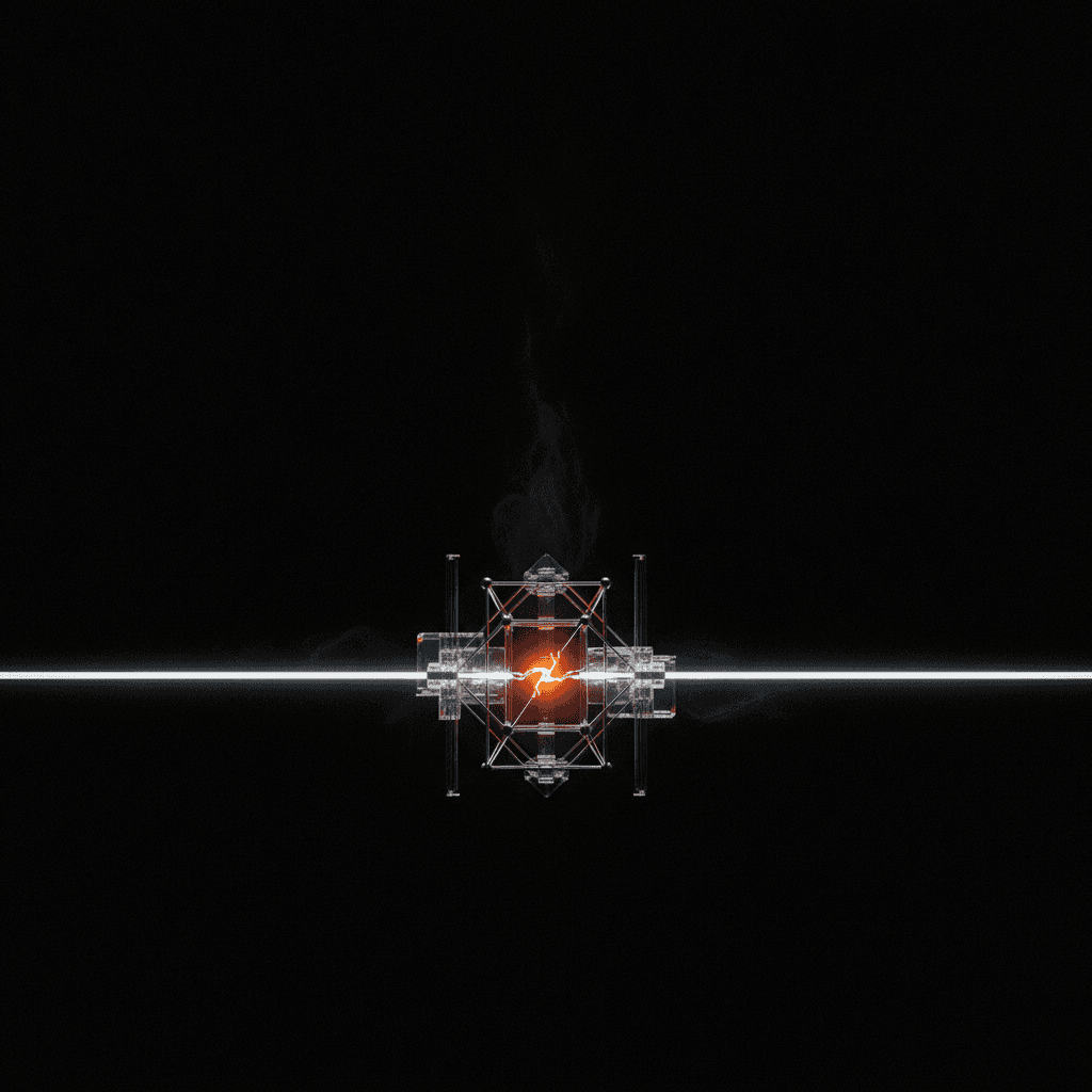 Single thin line of light broken at center where it glows orange against black