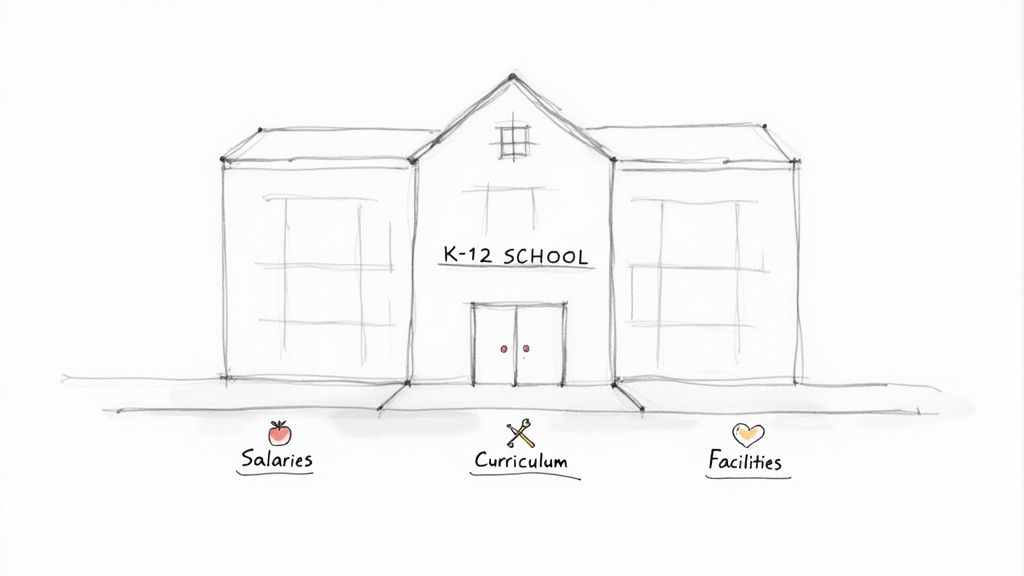Hand-drawn school building diagram showing three budget pillars: salaries, curriculum, and facilities