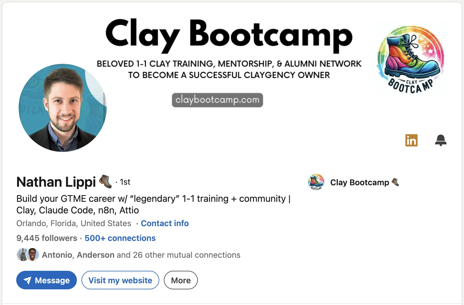 LinkedIn profile: Nathan Lippi, founder of Clay Bootcamp and Clay expert