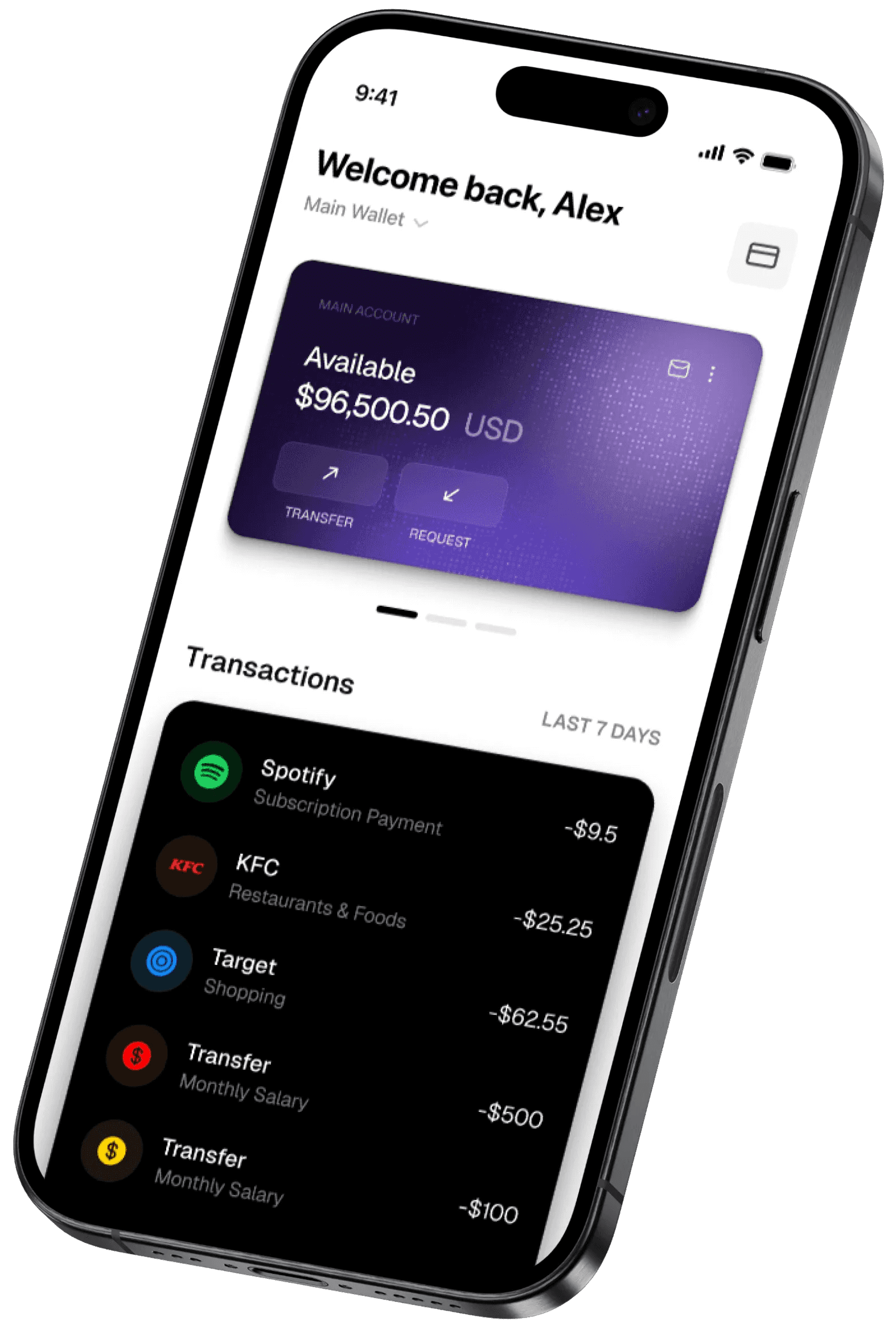 Mobile app showing bank account balance and transactions.