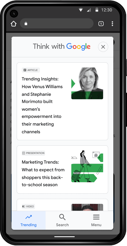 Mobile screen display of the Think with Google home page