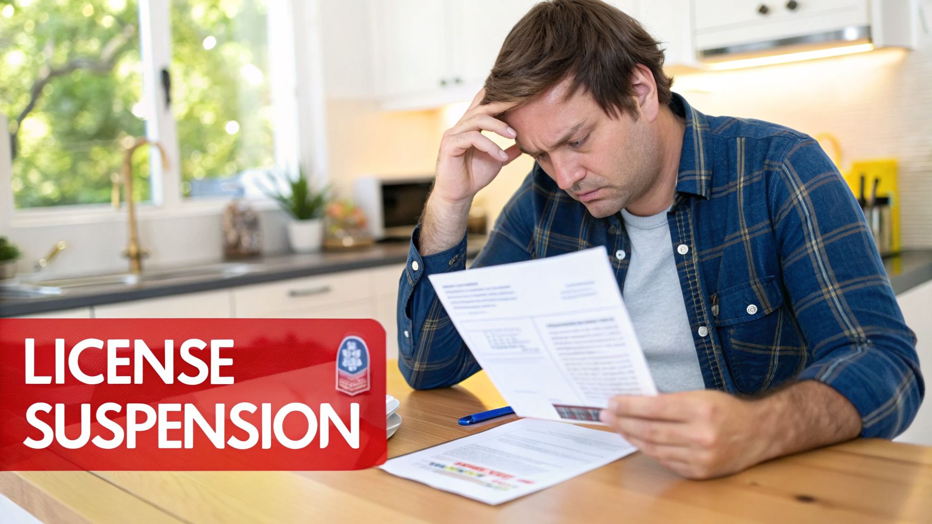 A distressed man reads a document about license suspension at a kitchen table.