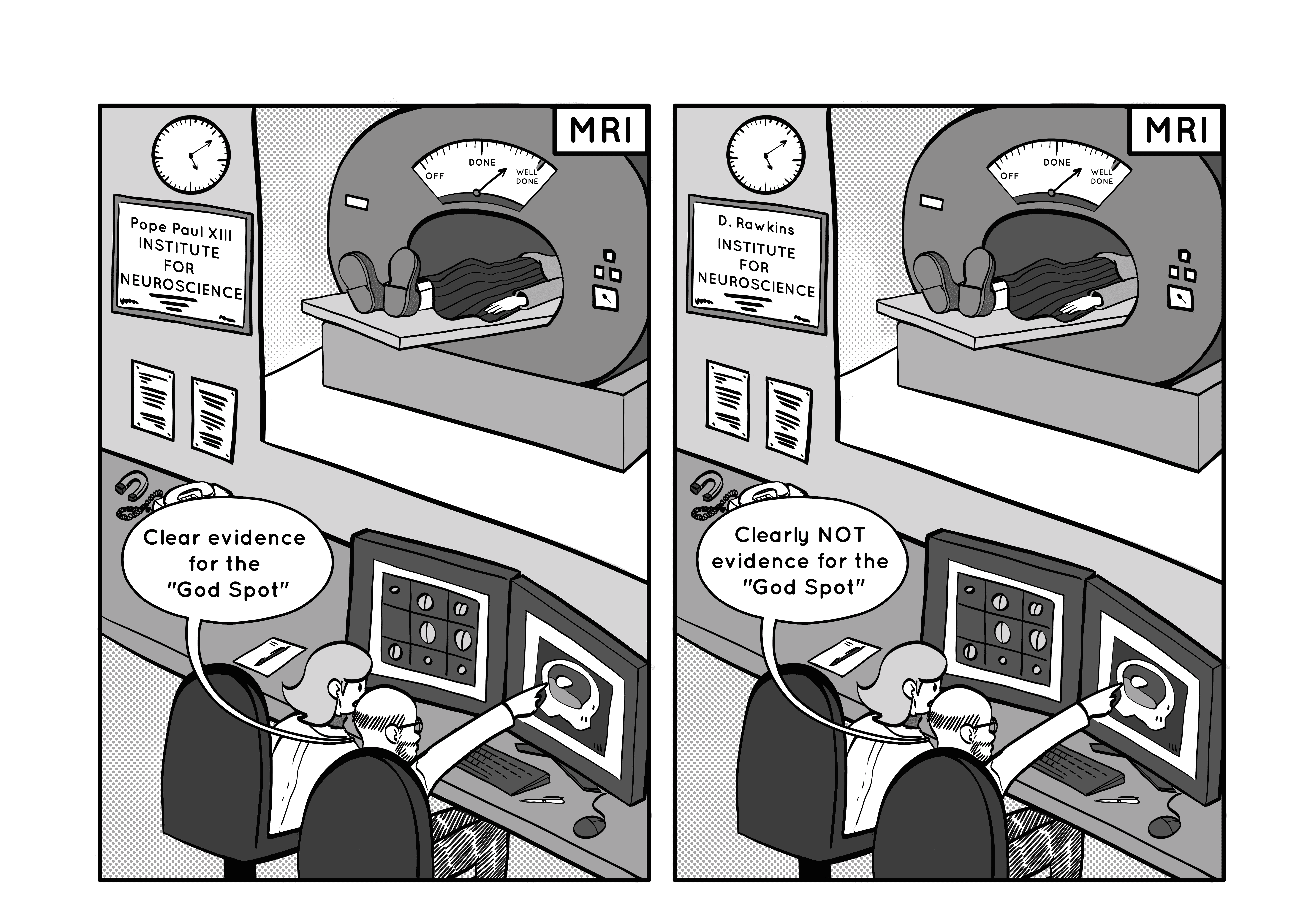 Two panel black and white comic, split down the middle between right and left. Both panels show an observation room with two scientists sat at a desk at the bottom of the image reviewing images on two monitors. The left wall on the left panel has a plaque that reads “Pope Paul XIII institute for neuroscience”, the left wall on the right panel has a plaque that reads “D. Rawkins institute for neuroscience”. Through the observation window in both panels taking up most of the upper right corner is a large tube shaped machine with a person lying within. The person’s head and shoulders cannot be seen, only the left arm legs and feet are shown. The machine is labelled MRI in the very top right corner of each panel. The monitors in the observation rooms show the same images of brain scans, the left monitor shows a grid of various shapes that look like little nuts. The right monitor shows a simplified scan of the side view of within a human head, showing skull and brain with a round white spot. The left panel shows a speech bubble form the scientists that reads “Clear evidence for the ‘God Spot’” the same bubble emanates from the scientist on the right panel but reads “Clearly NOT evidence for the ‘God Spot’”.