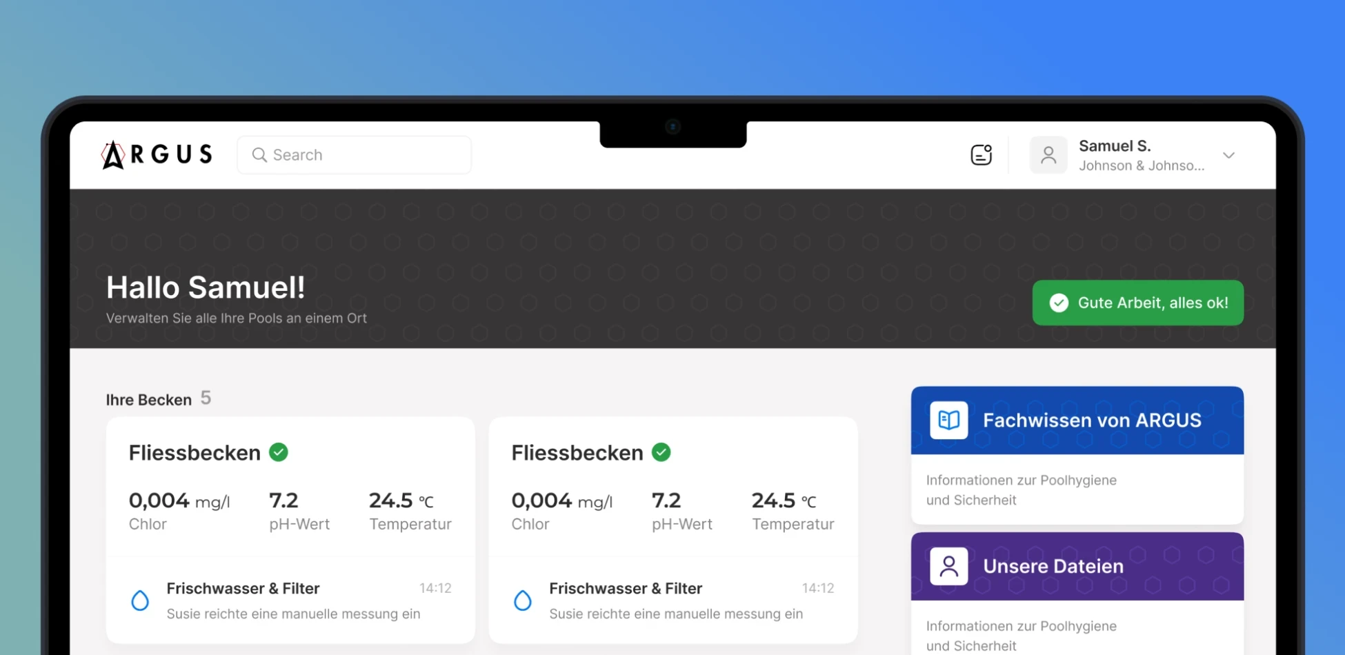 ARGUS pool management dashboard showing water quality metrics for multiple pools with status indicators and expert knowledge resources.
