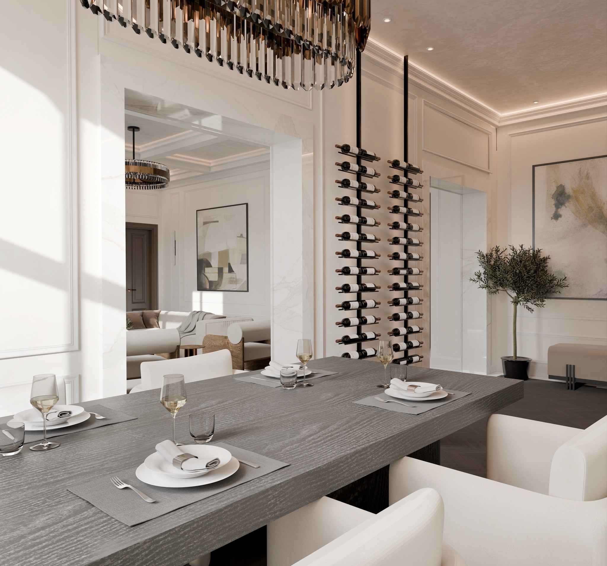 Dining area with bottles hanging from ceiling