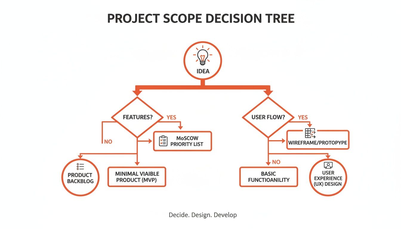 A project scope decision tree flowchart detailing paths from idea to MVP, UX design, or basic functionality.