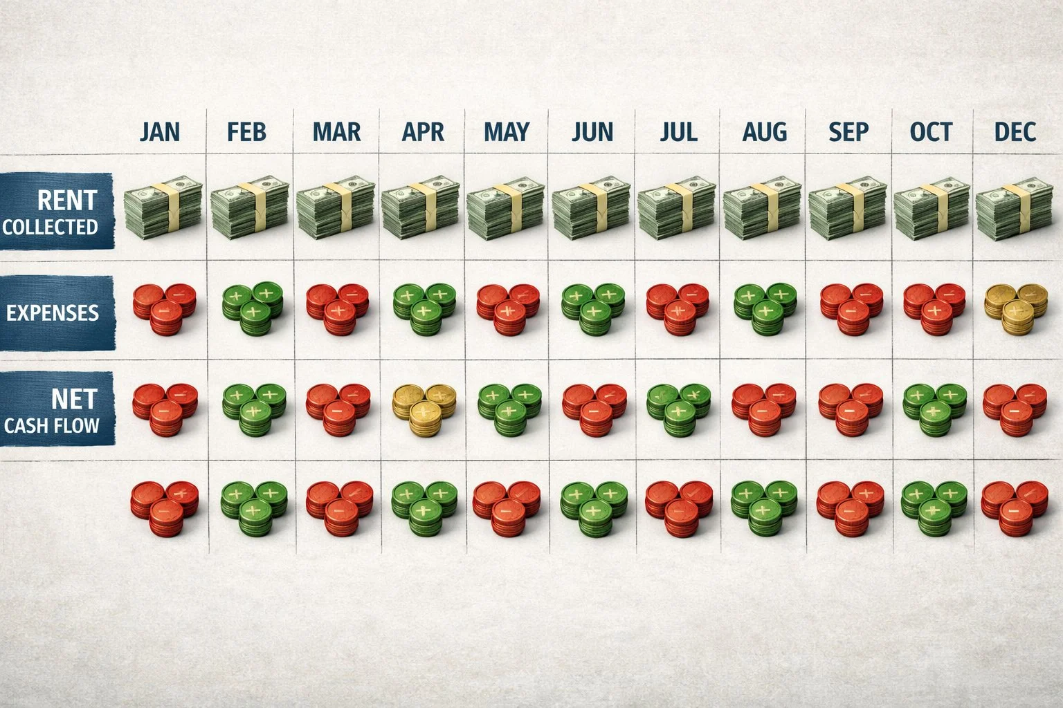 Calendar spread showing monthly rent collected, expenses, and net cash flow, with coins and bills marking positive and negative months.