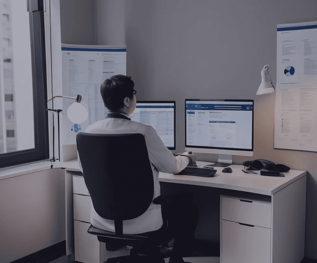 Telemedicine doctor sitting at computer desk