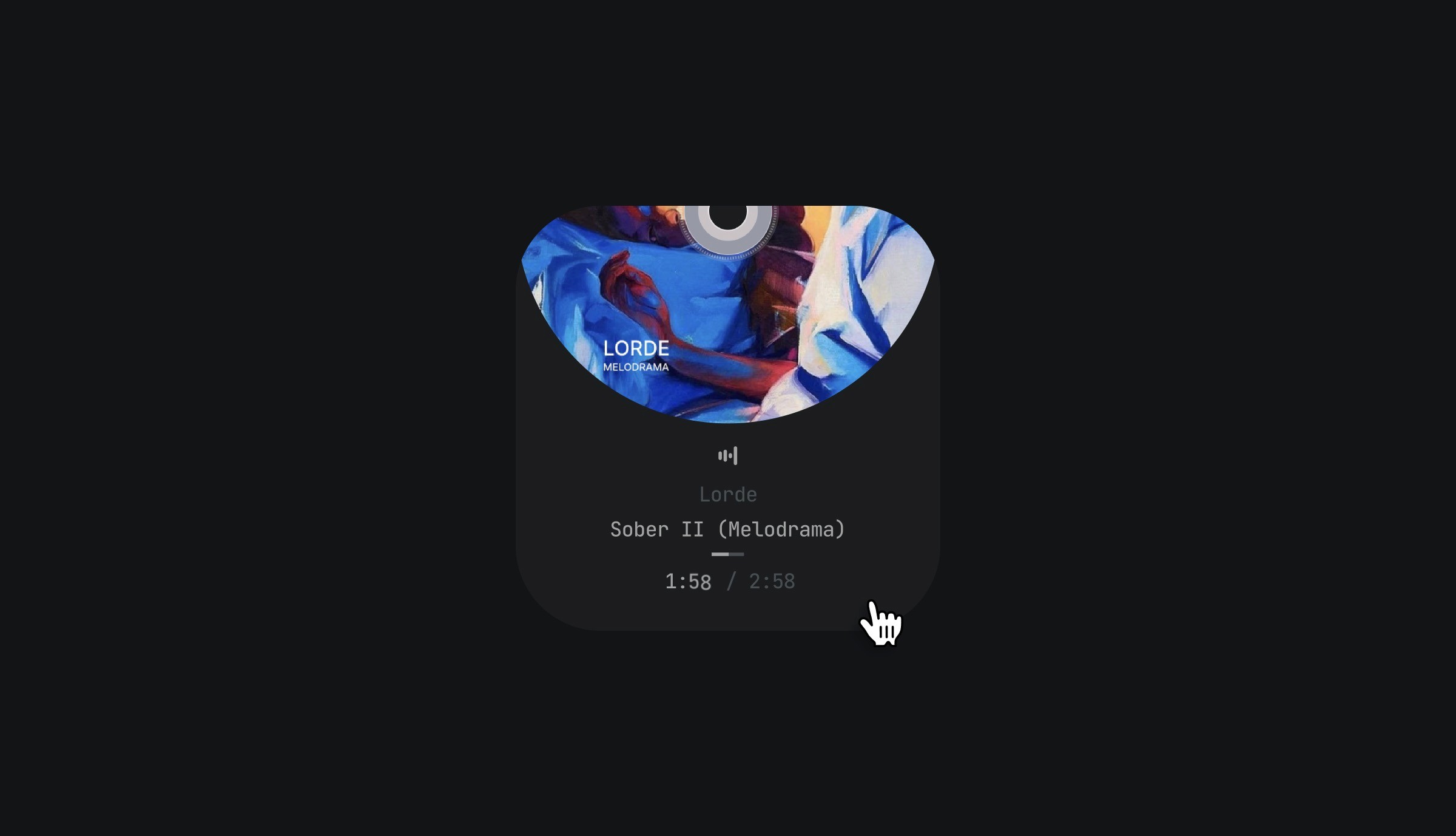 Minimalist music player design featuring Lorde's album Melodrama with track progress and cursor interaction