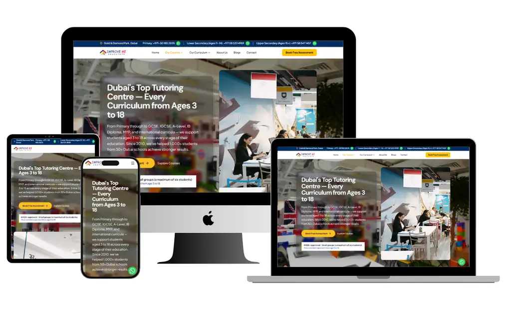 Improve Me Institute tutoring website displayed on desktop, laptop, tablet, and mobile devices.