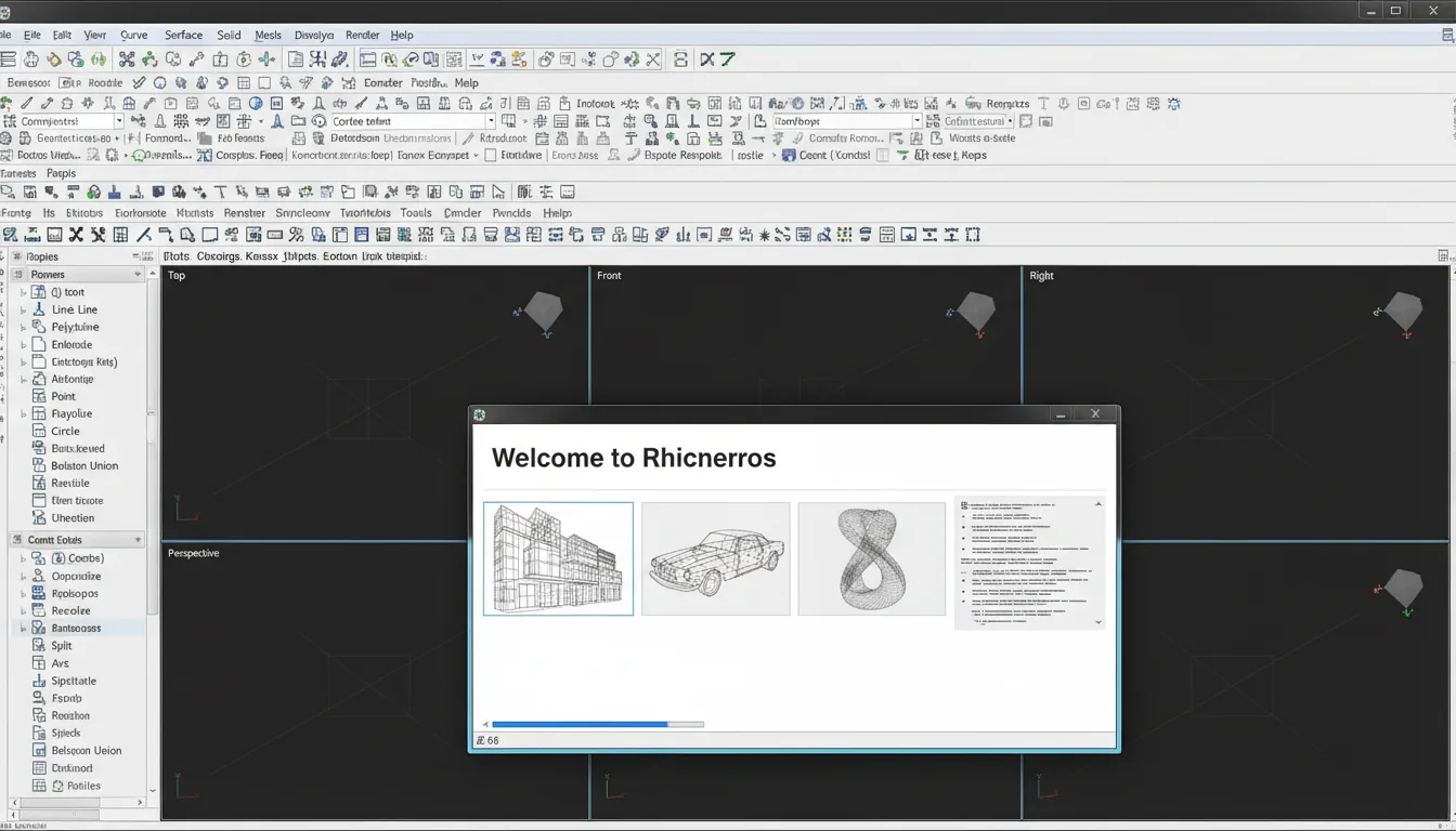 A screenshot of the Rhinoceros 3D modeling software interface, Clean Light Mode UI, classic desktop application design. The layout features a top menu bar with detailed icon toolbars, a vertical toolbar on the left with numerous modeling icons, and a four-panel black viewport. A central welcome modal is open, displaying thumbnail previews of 3D wireframe models and columns of abstracted bulleted text lines. The interface uses a light gray color scheme with functional UI elements.
