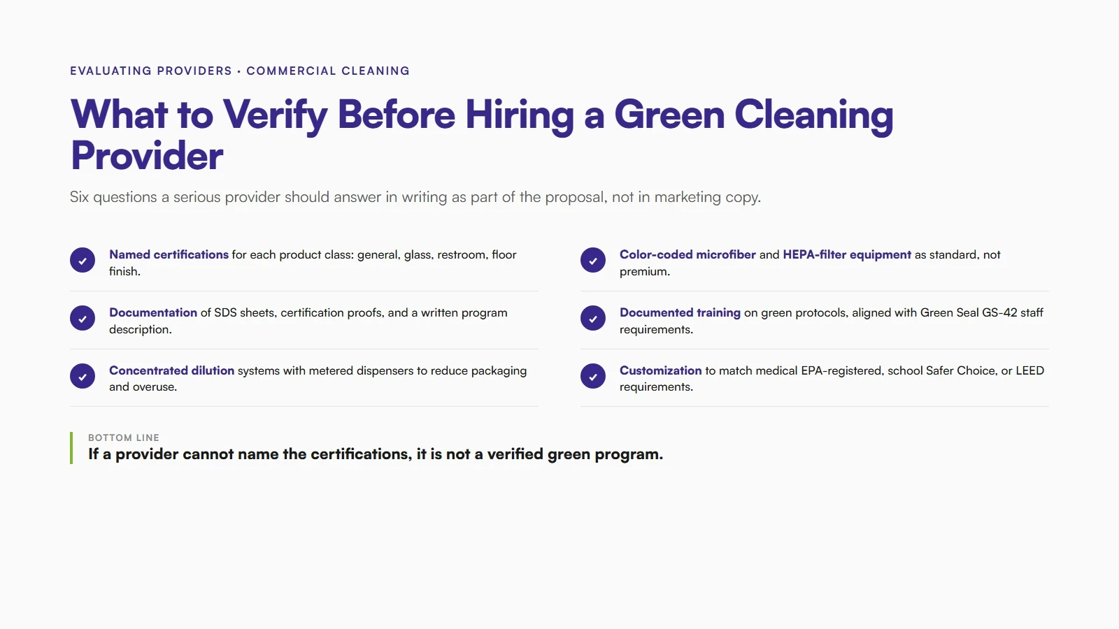 What to verify before hiring a green cleaning provider: named certifications, color-coded microfiber and HEPA equipment, written documentation, GS-42 training, concentrated dilution systems, and compliance customization