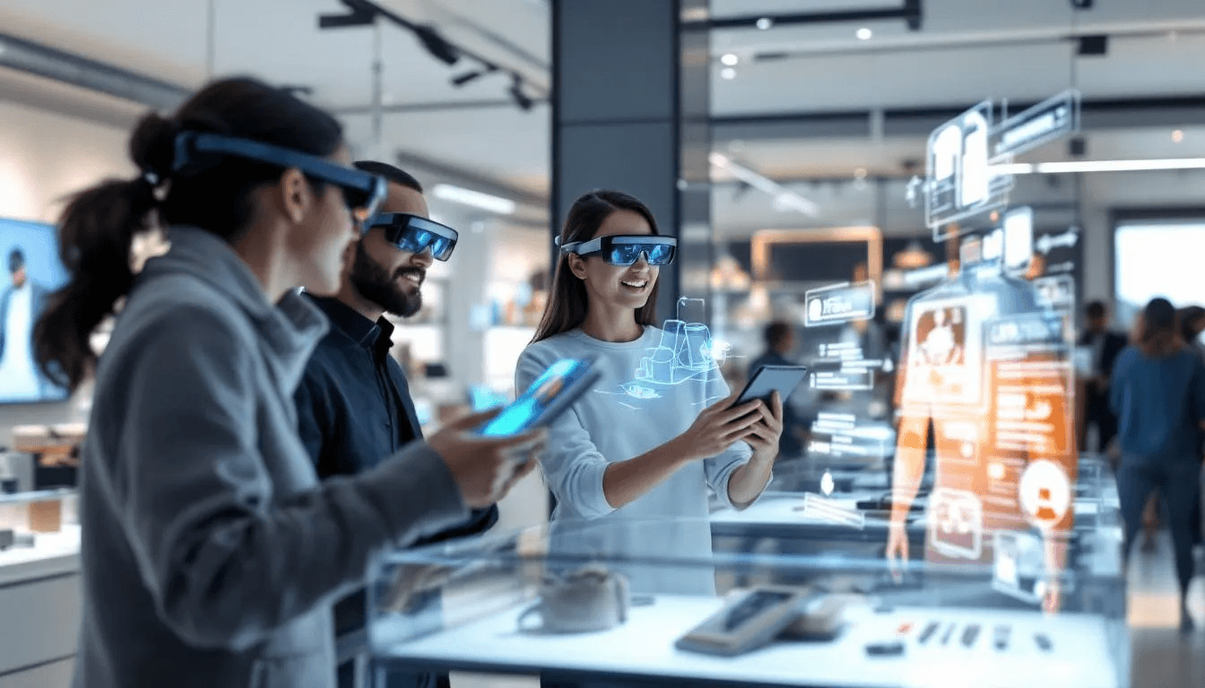 In this image, a diverse group of people are using augmented reality (AR) technology to interact with various products, showcasing an innovative approach to customer engagement. They appear engaged and excited, highlighting the potential of user-generated content (UGC) to enhance brand loyalty and marketing strategies on social media platforms.