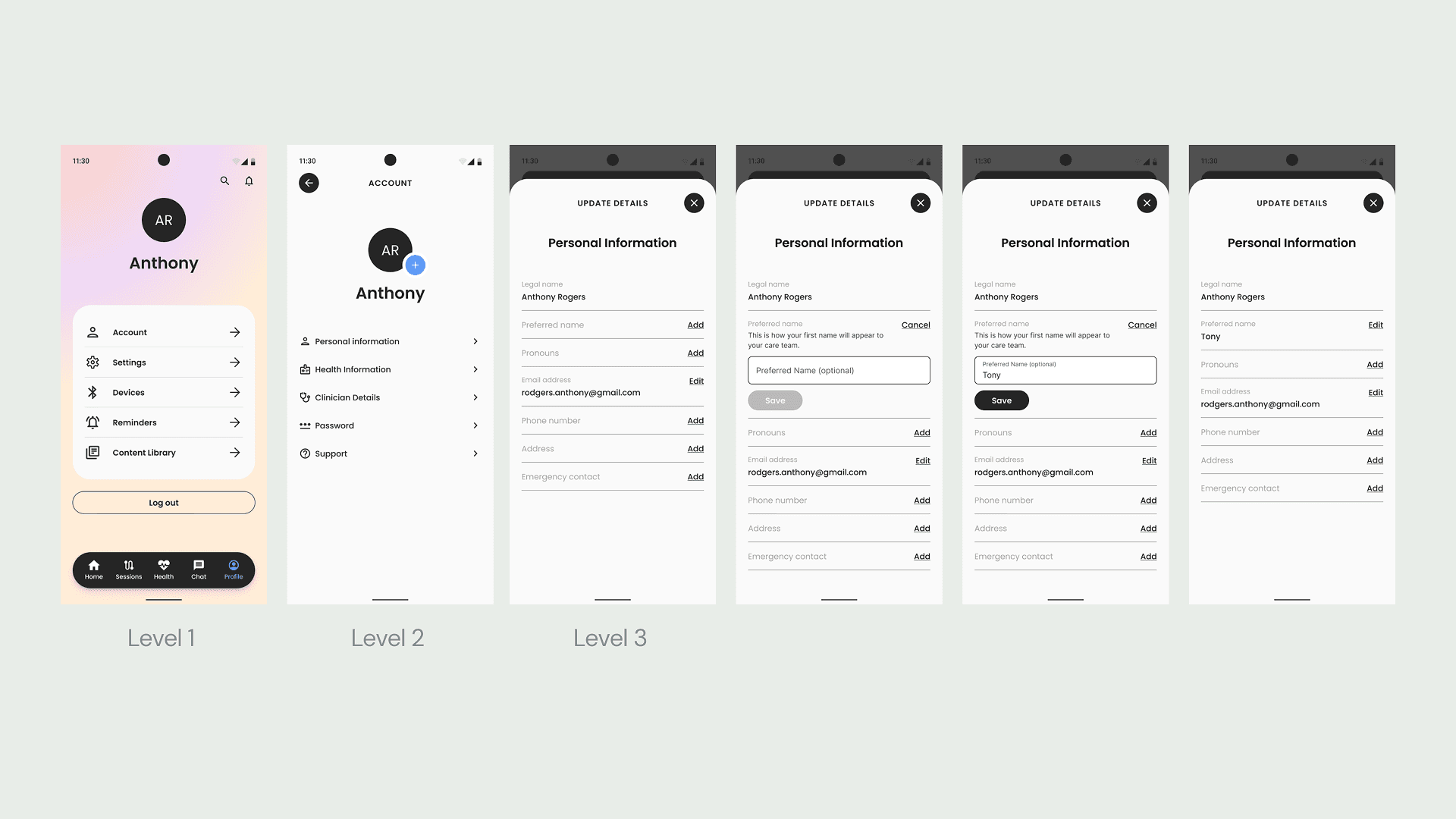 Five mobile app screens showing user profile settings. Displays account info, personalization options, and update forms on a neutral background.