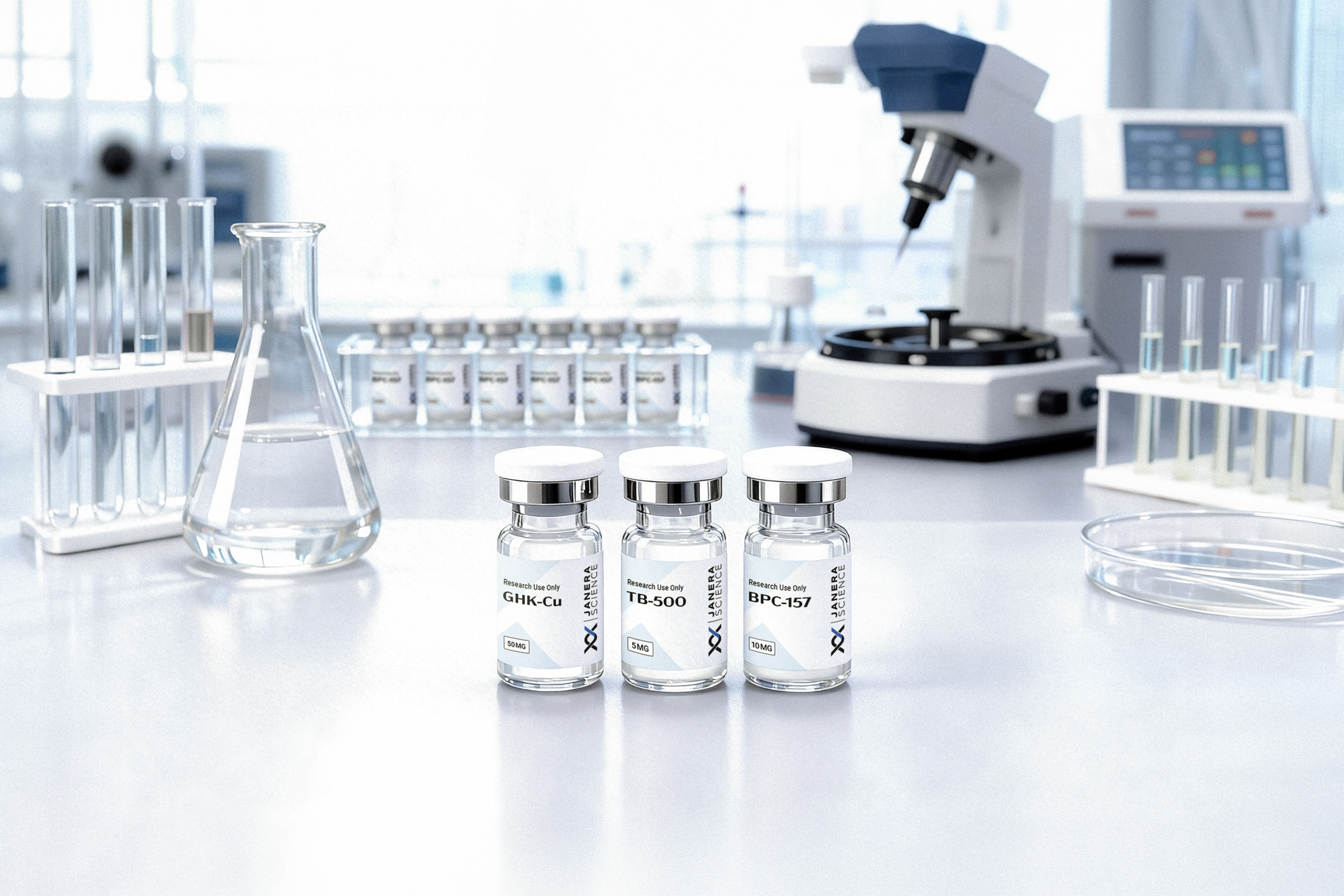 Three Janera Science research-grade peptide vials — GHK-Cu 50mg, TB-500 5mg, and BPC-157 10mg — standing upright on a white laboratory bench surrounded by a microscope, Erlenmeyer flask, test tube rack, and petri dish. For research use only.