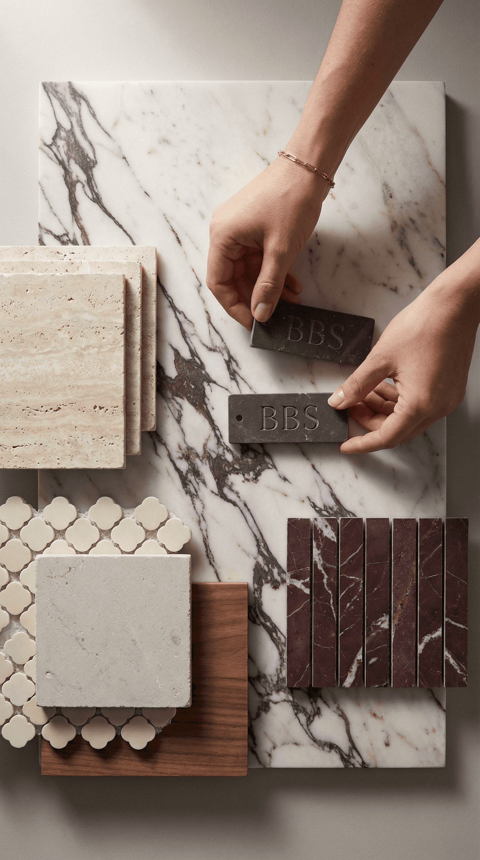 Overhead flat lay of interior stone and tile samples on marble slab, hands placing engraved stone tags, material palette board