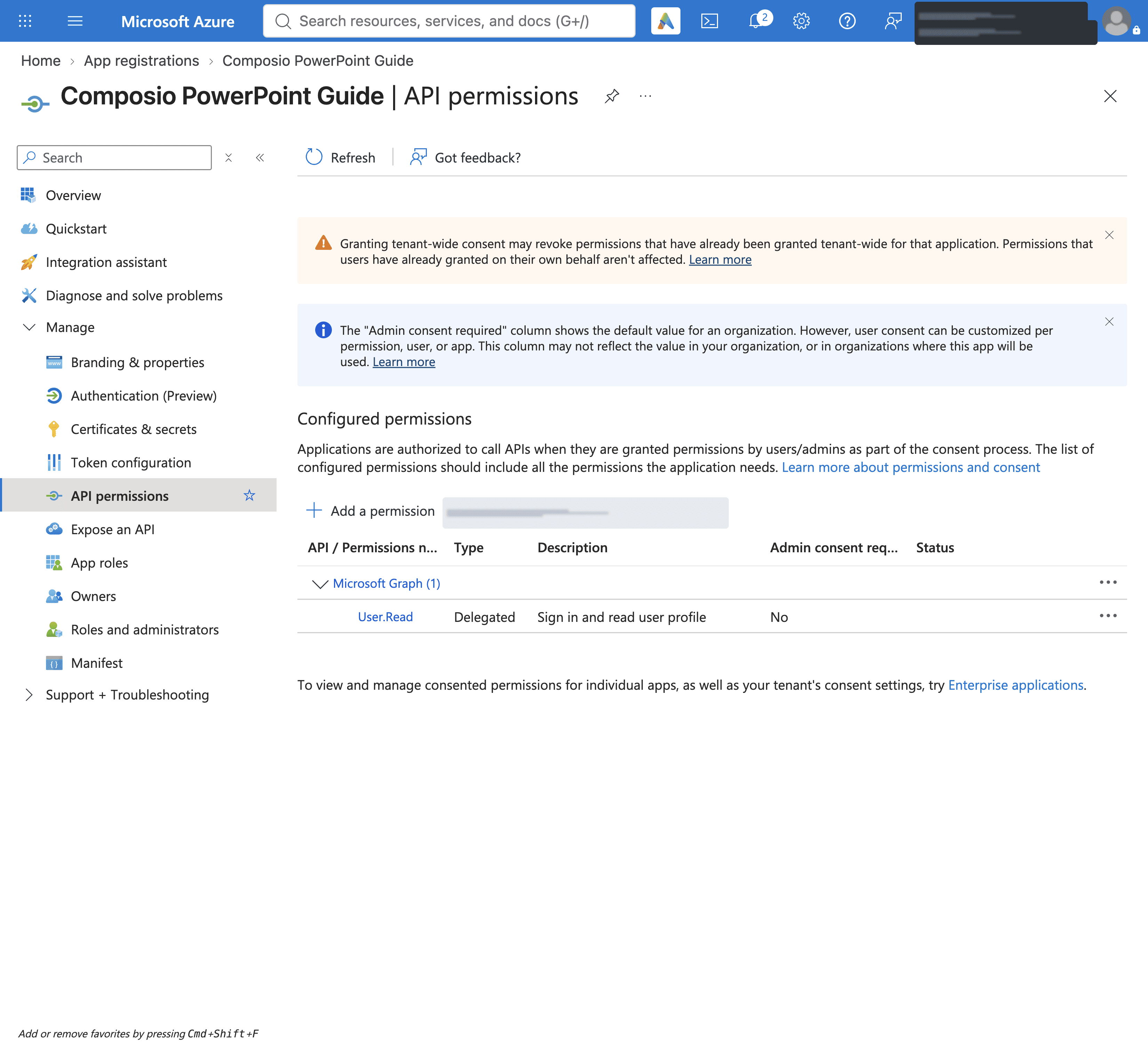 API permissions page