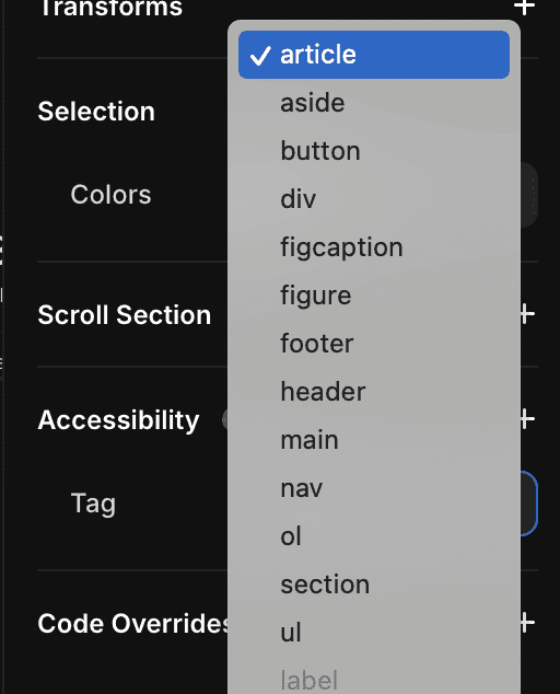List of semantic node tags, including article, button, footer, section and more