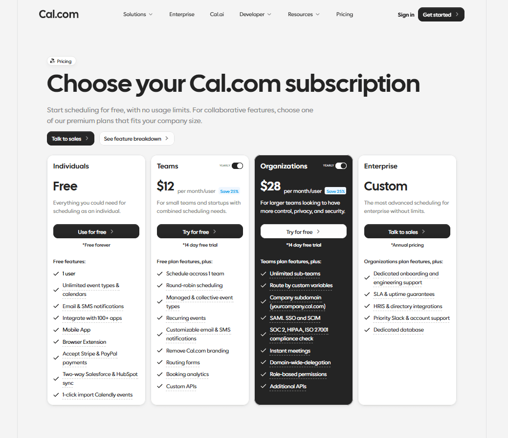 Cal.com subscription plans