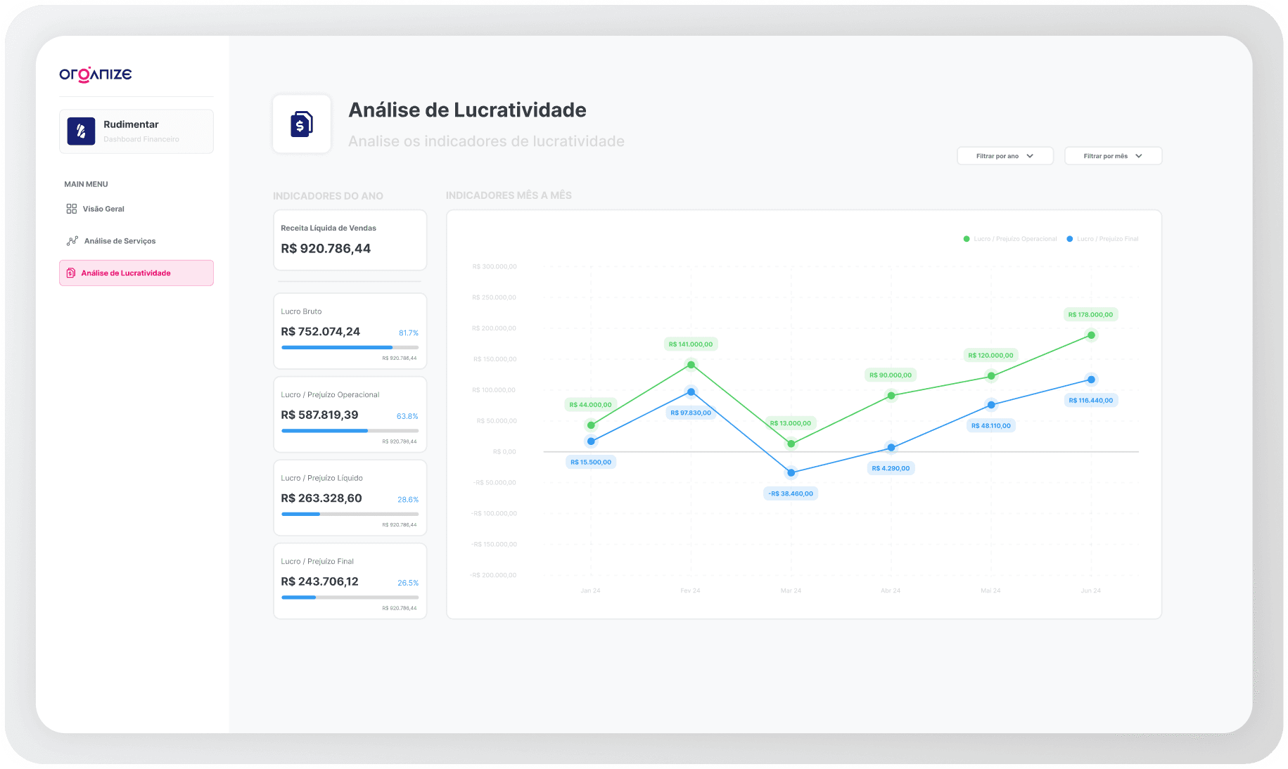 Dashboard e Indicadores de Análise de Lucratividade Organize BPO Financeiro