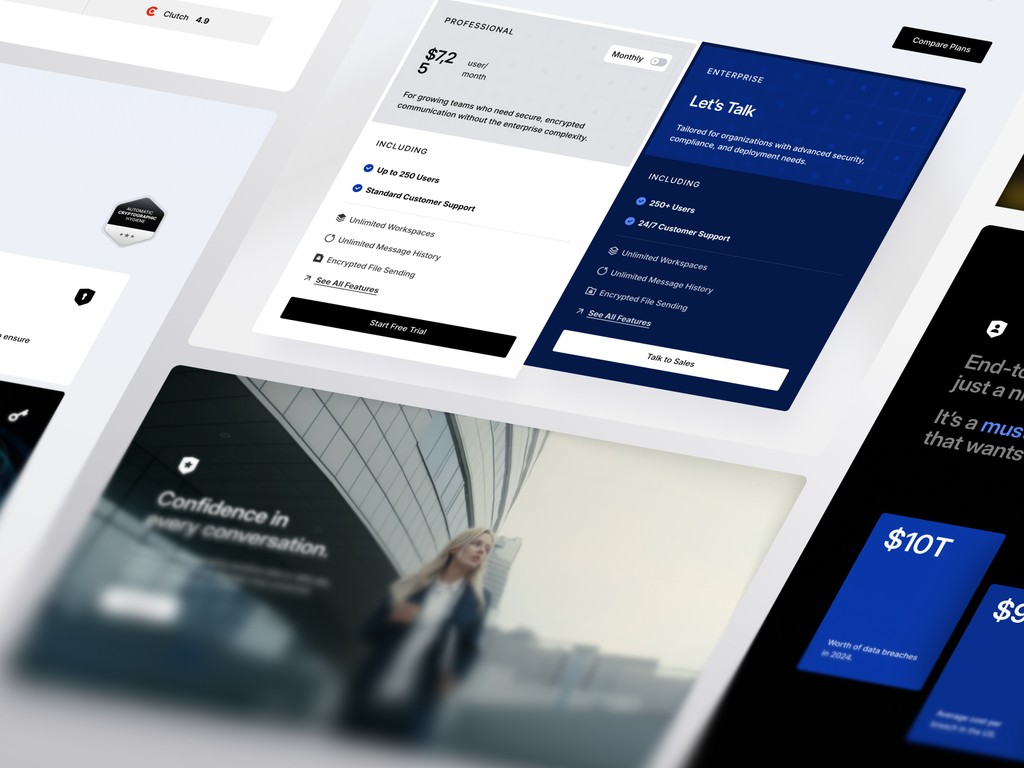 Interface cards showcasing Mention’s enterprise-grade encryption, local key management, and team support features
