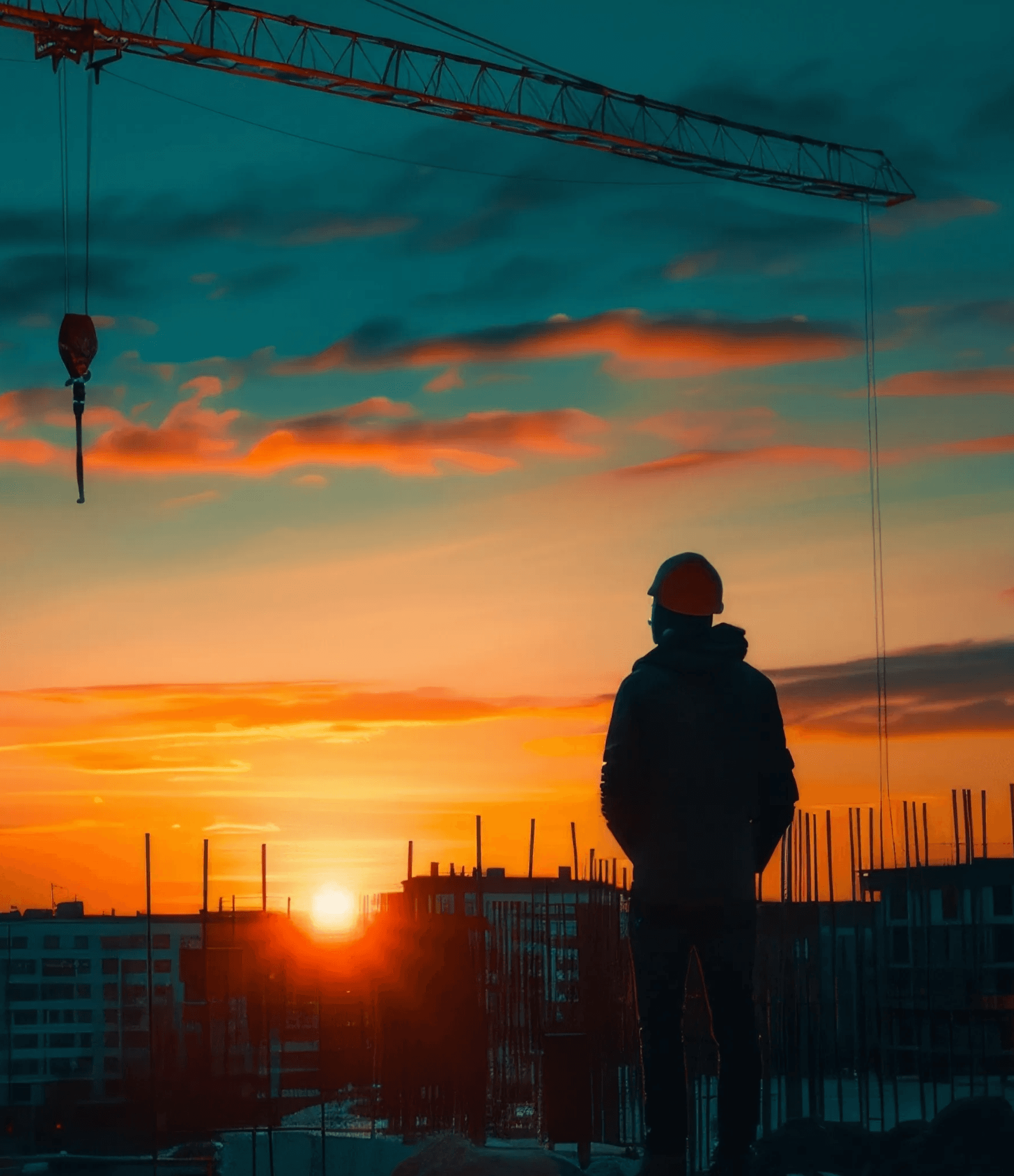 Construction worker in a hard hat looking at a sunset over a building site with a crane and skyline text.