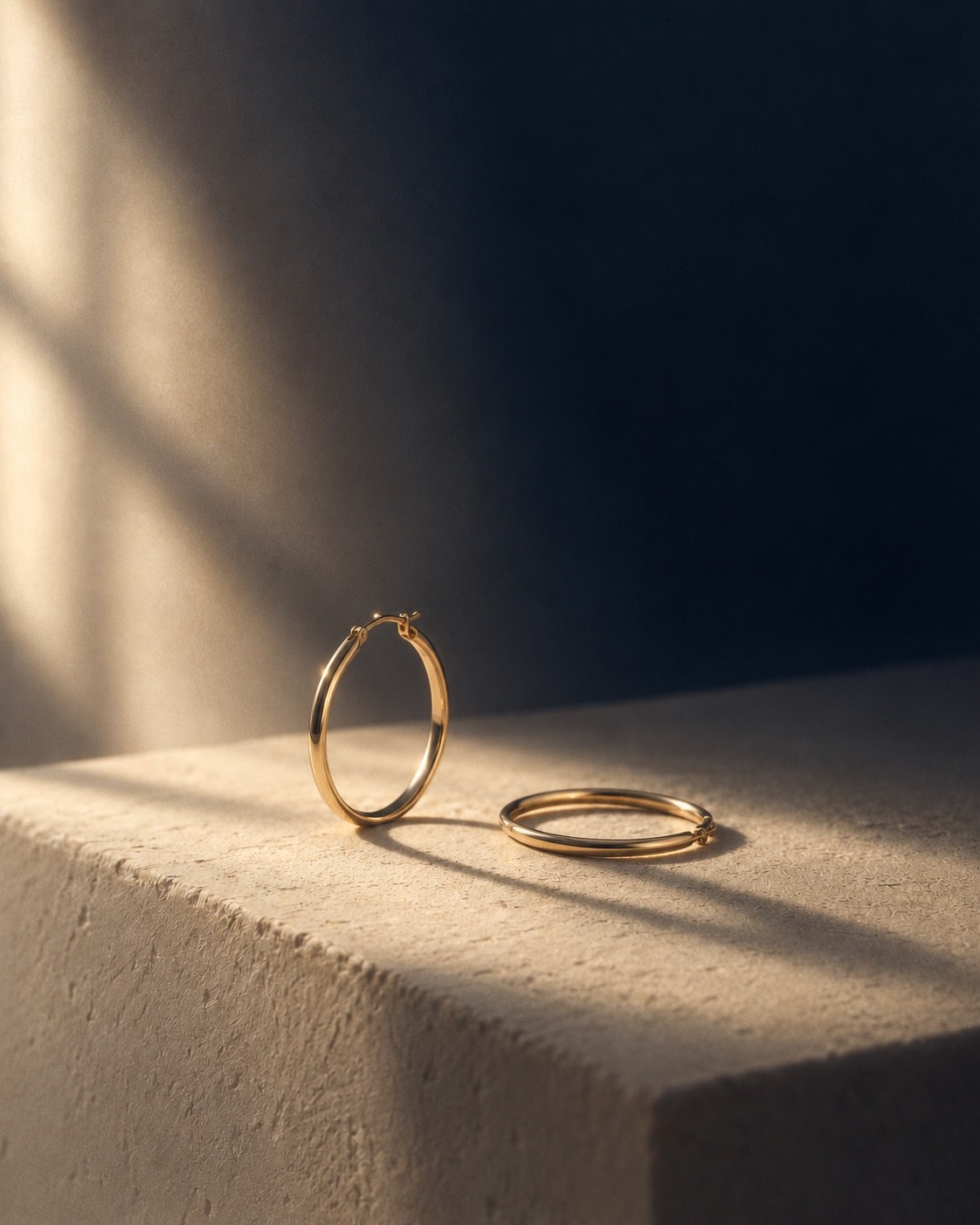 Gold hoop earrings on a plaster block in window light