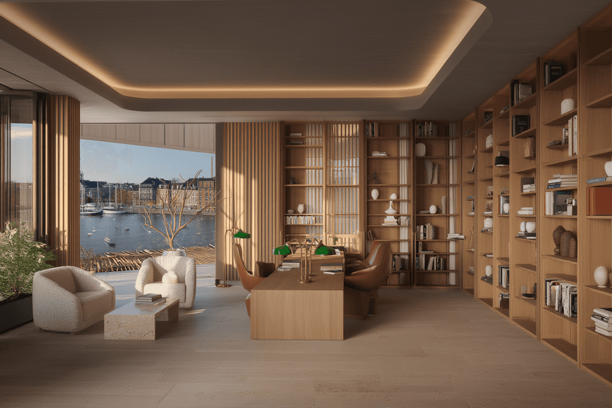 Luxury living space with fireplace and warm finishes
