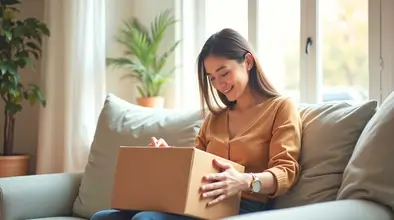 A minimalist young woman sitting on a cozy sofa, smiling as she opens a cardboard package—capturing the joy of thoughtful, clutter-free shopping aligned with her values.