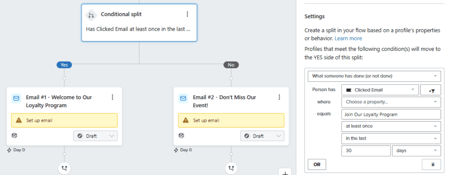 Event-Based Split.png – Klaviyo flow with a conditional split checking if a user has clicked on an email related to a loyalty program in the last 30 days.