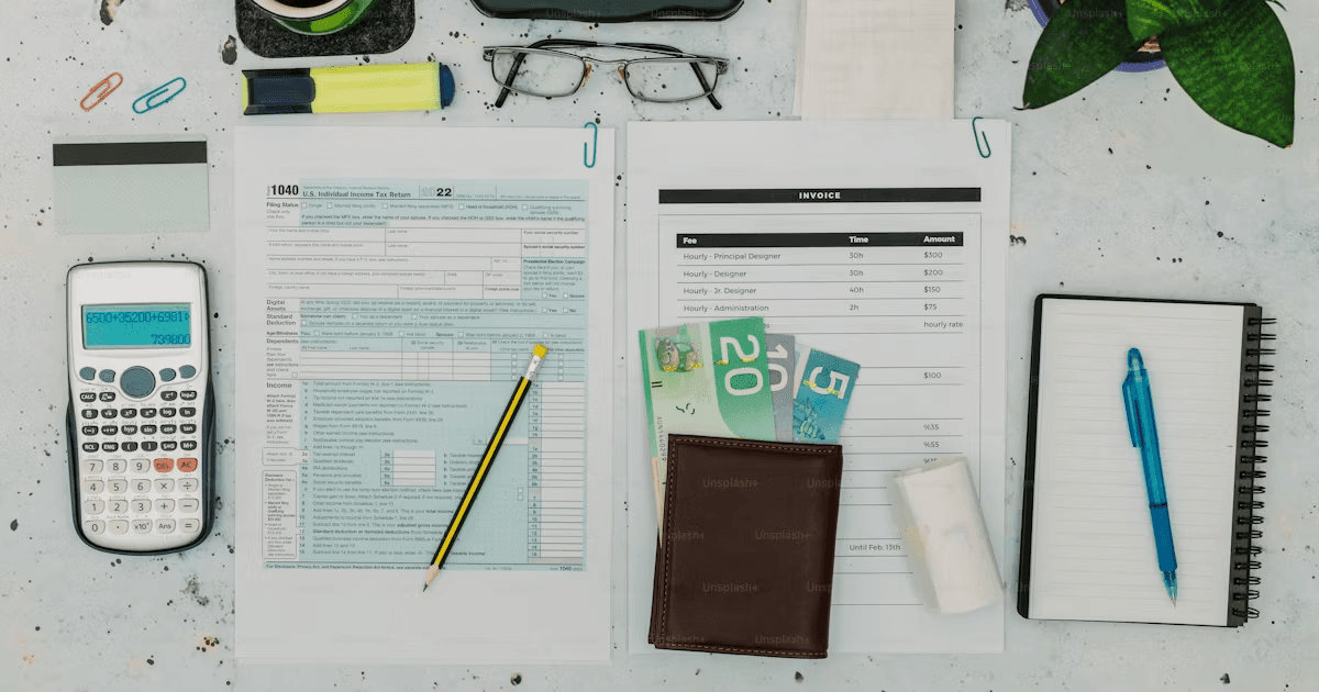 Calculator, invoice, cash, and paperwork laid out on a desk