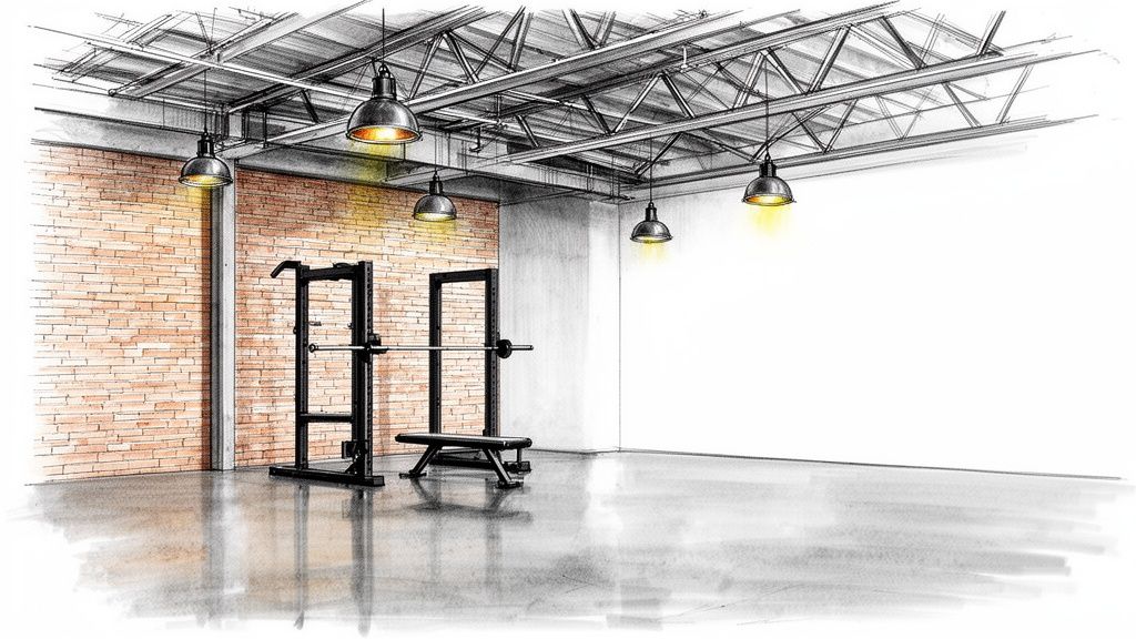 A sketch of an industrial gym interior with exposed brick, steel trusses, pendant lights, a power rack, and a weight bench.