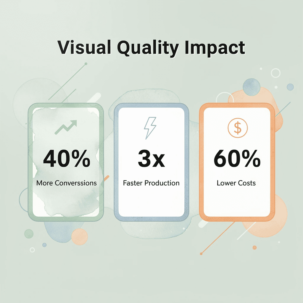 Infographic showing key stats: 40% more conversions, 3x faster production, 60% lower costs