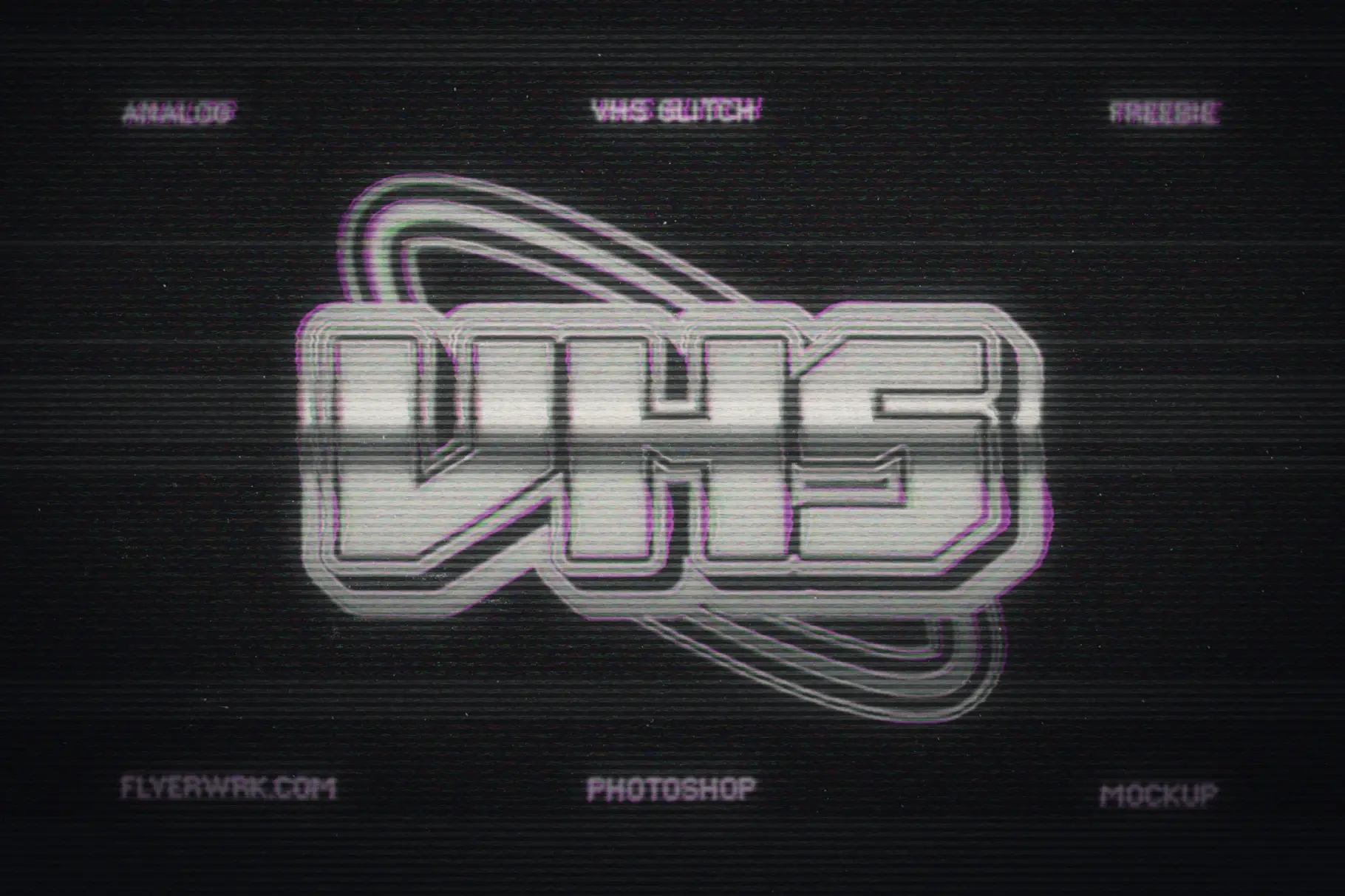 Analog VHS Glitch Mockup featuring a distorted white logo with realistic scanlines and colorful magnetic interference