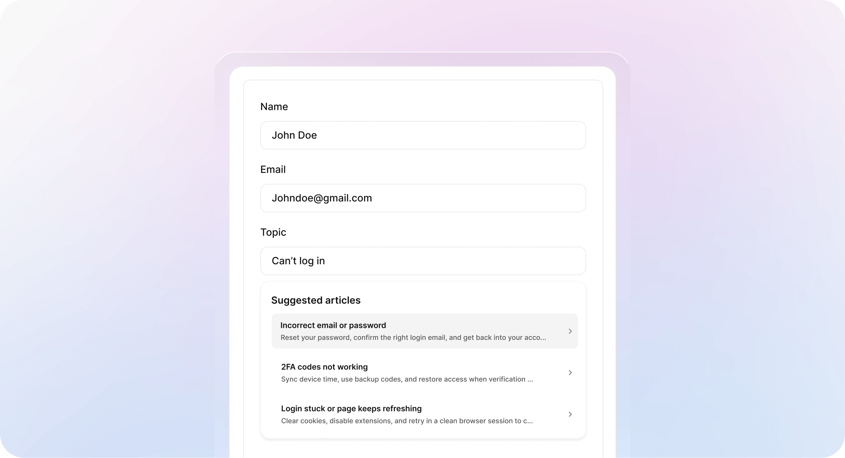 Support contact form with suggested help center articles for login issues, guiding users to self serve before submitting a ticket.