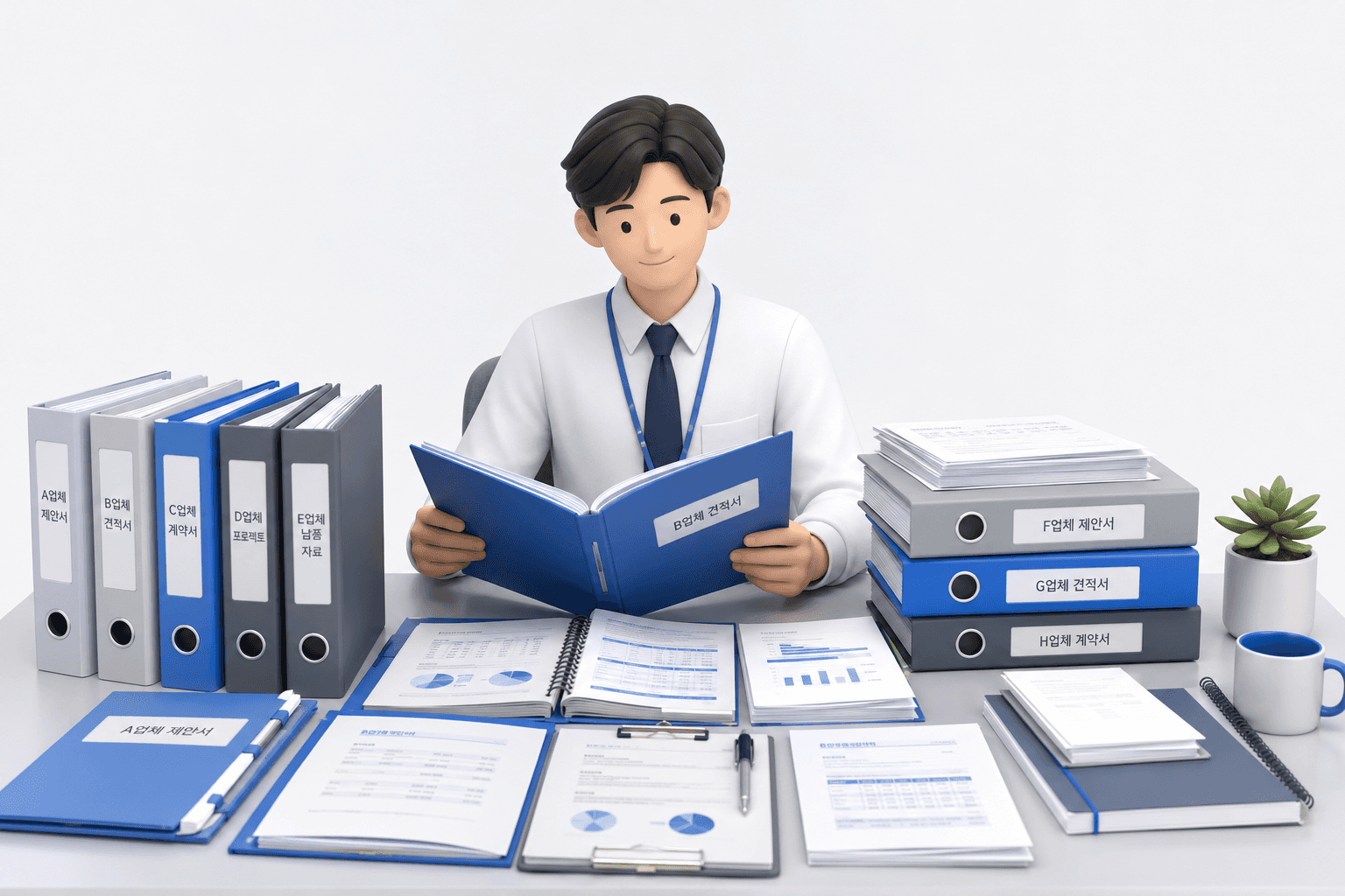 담당자가 여러 업체 서류철을 함께 살펴보는 장면