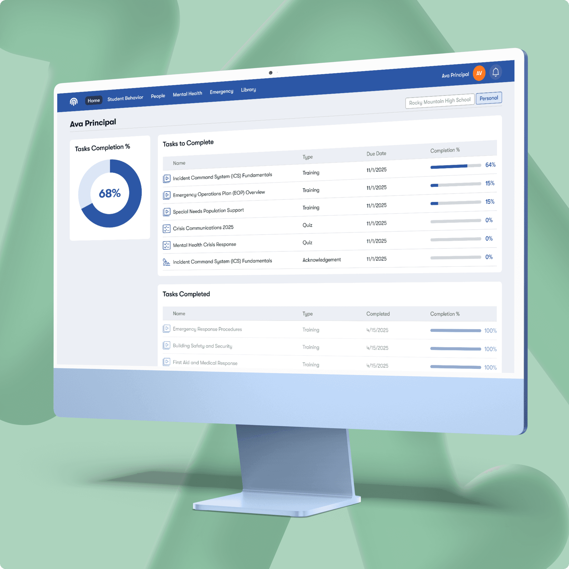 Image showing a mockup of the task dashboard offered by Impact Suite. School administrators can see who has completed their tasks.