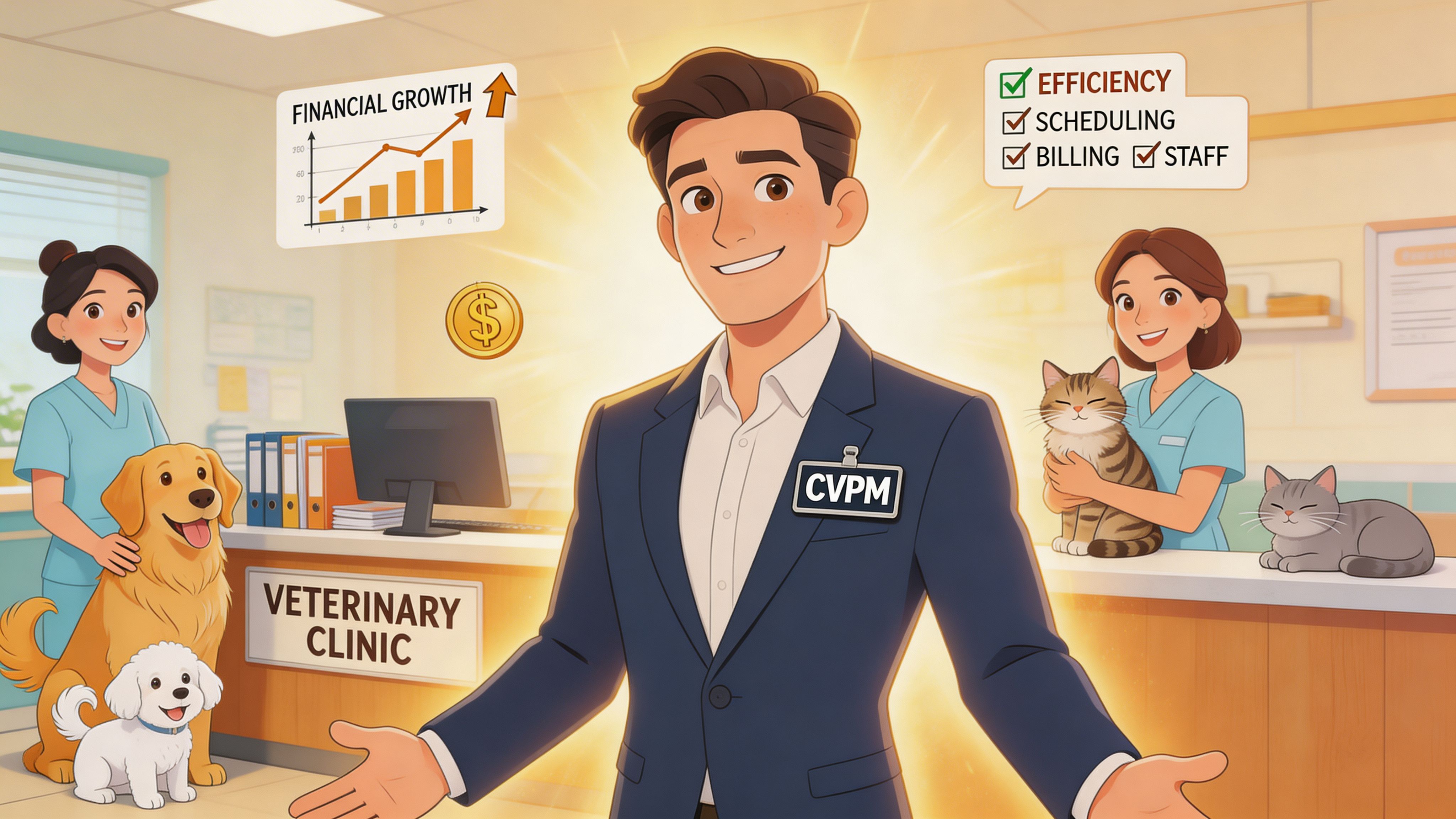 A professional veterinary practice manager stands confidently in a clinic surrounded by staff, happy animals, and charts.