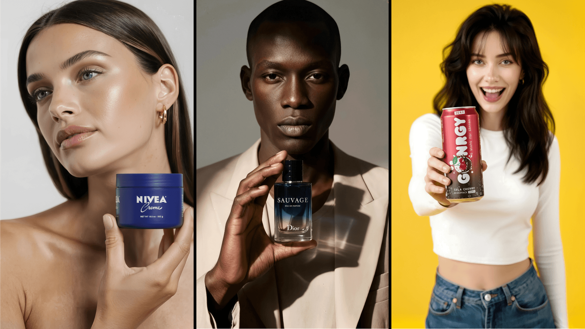 Dreiteiliges Werbe-Visual mit KI-generierten Models: Links präsentiert ein weibliches KI-Model eine Nivea-Creme, in der Mitte hält ein männliches KI-Model ein Dior Sauvage Parfum, rechts zeigt ein weibliches KI-Model eine Conny Energy Drink Cola-Cherry-Dose – hochwertiges AI-Branding- und Produktfoto für Beauty-, Fashion- und Lifestyle-Marketing.