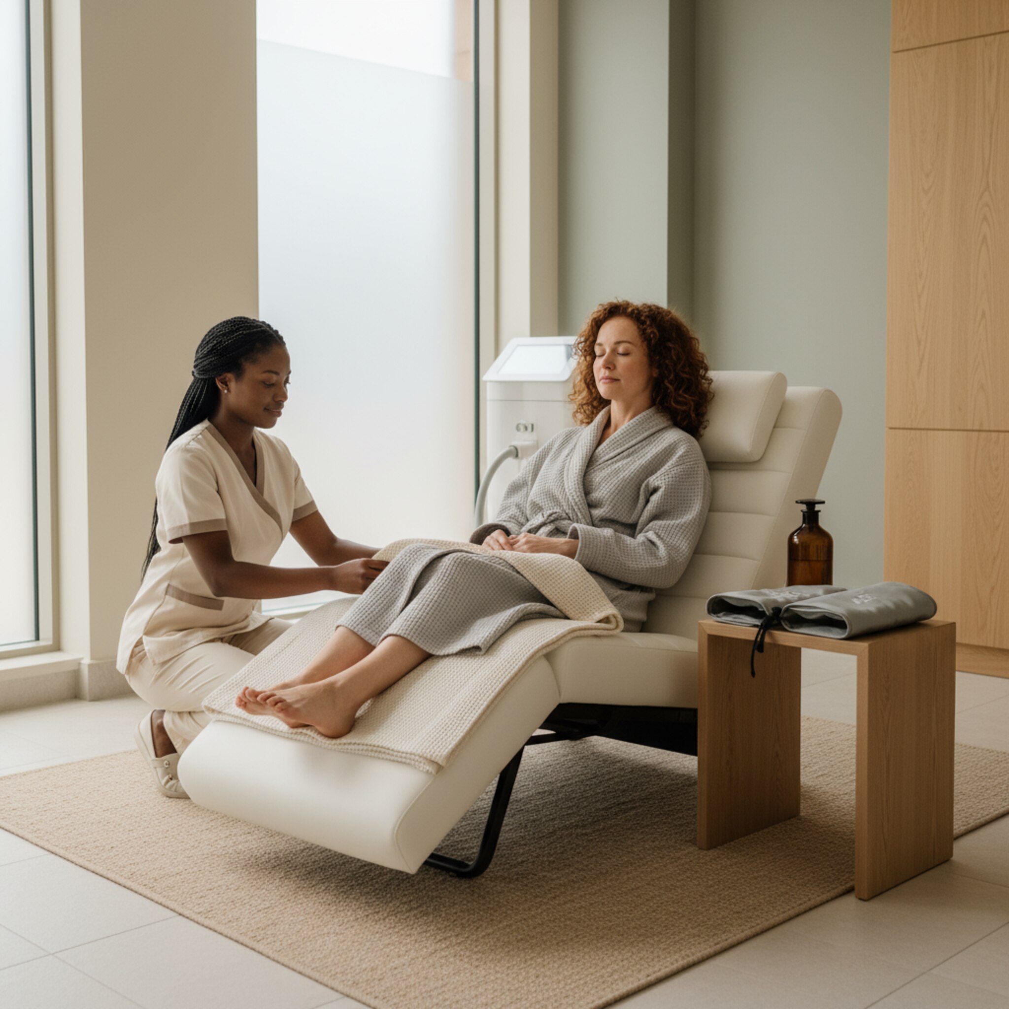 Ein Gast sitzt auf einer Liege und überlegt kurz, während eine Mitarbeiterin eine Decke zurechtrückt. Auf einem kleinen Beistelltisch liegen ruhig ein Massageöl und Manschetten bereit. Das Licht ist warm, der Raum aufgeräumt. Die Entscheidung für eine Zusatzleistung wirkt selbstverständlich.