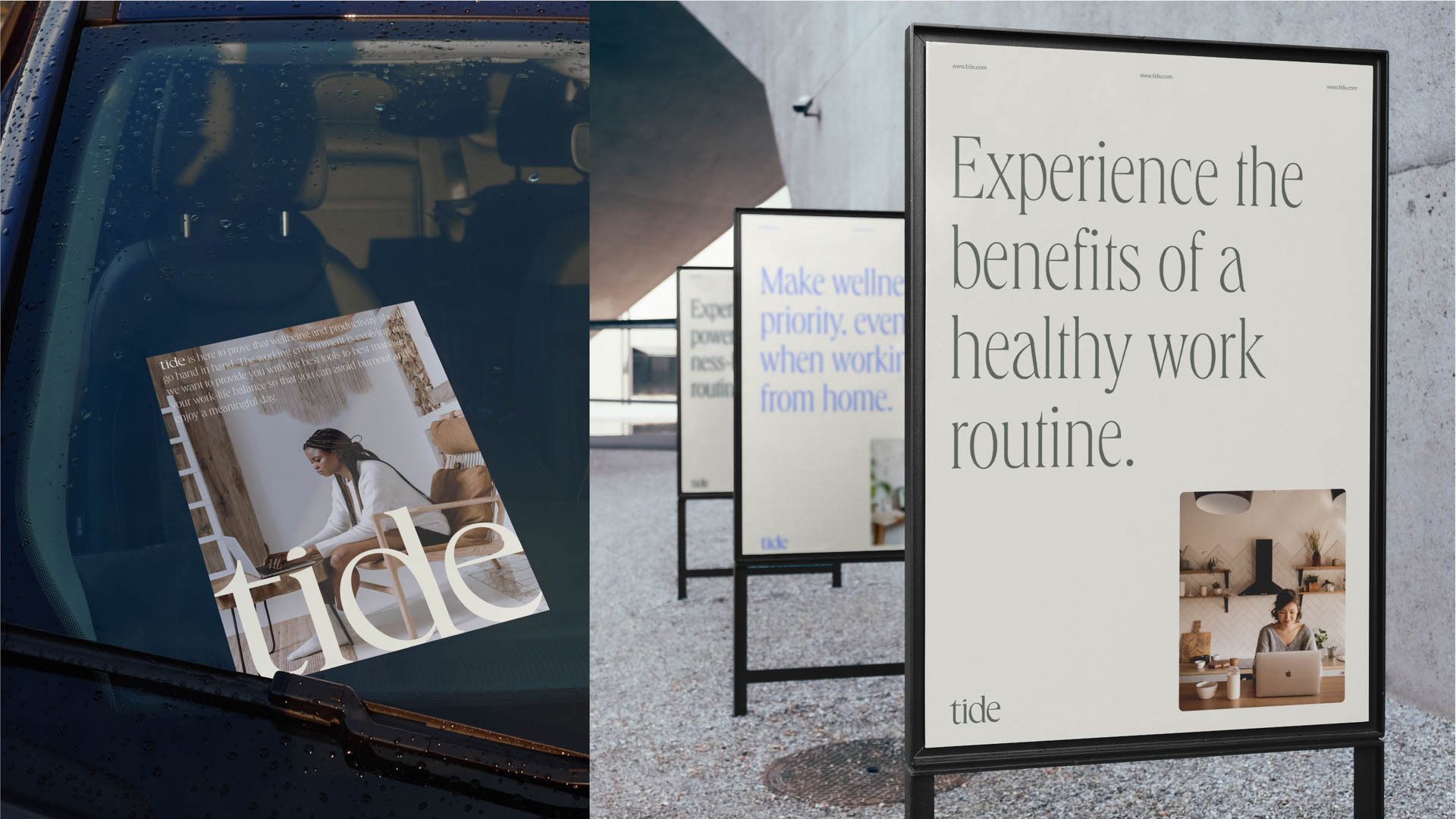 A car window displays a magazine featuring a woman seated at a desk with a laptop. The magazine’s title reads “tide,” and the text reads: “How to make the most of your workday—from home.” A sign beside the window reads “Experience the benefits of a healthy work routine.”