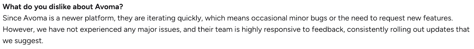 User review noting minor bugs and rapid iteration in the Avoma platform