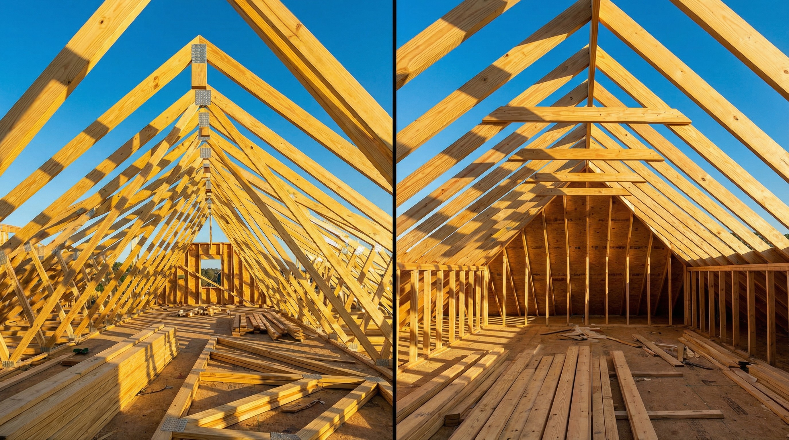 Interior view of a wooden house frame, showing rafters, beams, and studs under construction with a blue sky.