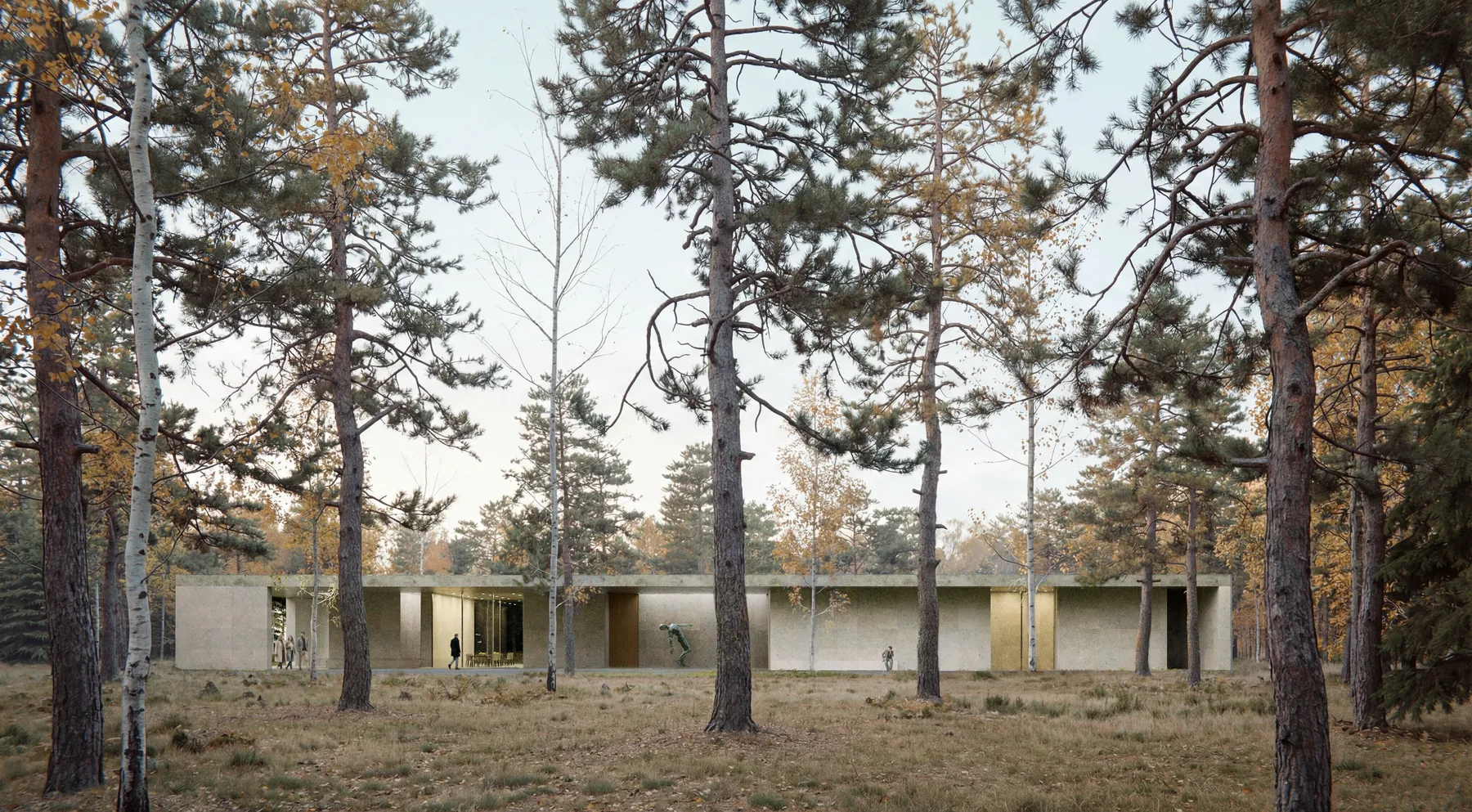 Colonnade with glass wall and forest beyond — memorial pavilion exterior