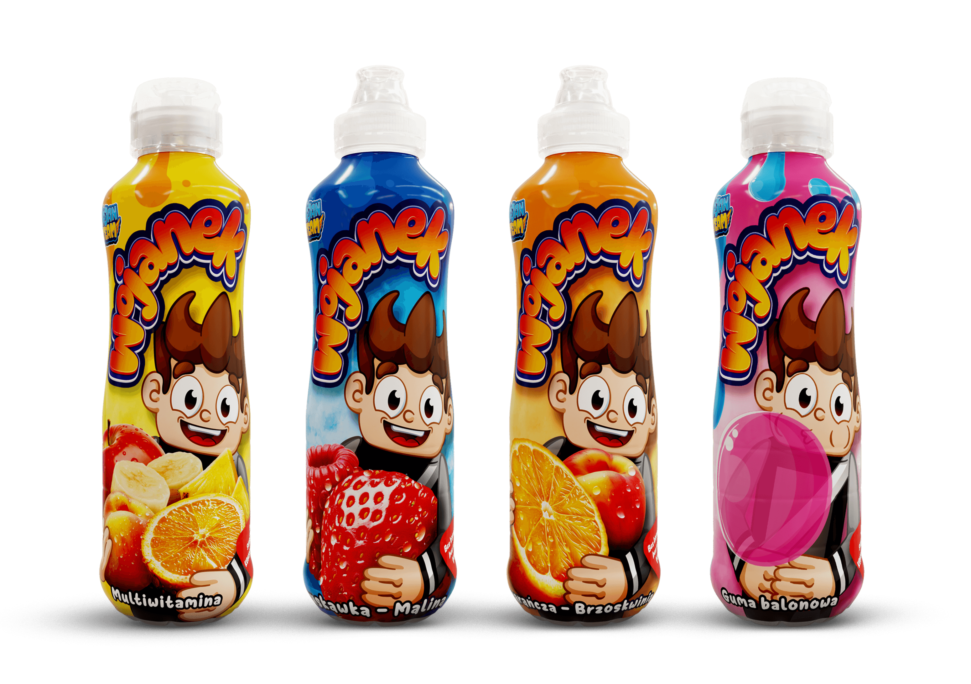 Wojanek – napój owocowy w butelkach, smaki truskawka i malina oraz pomarańcza i brzoskwinia